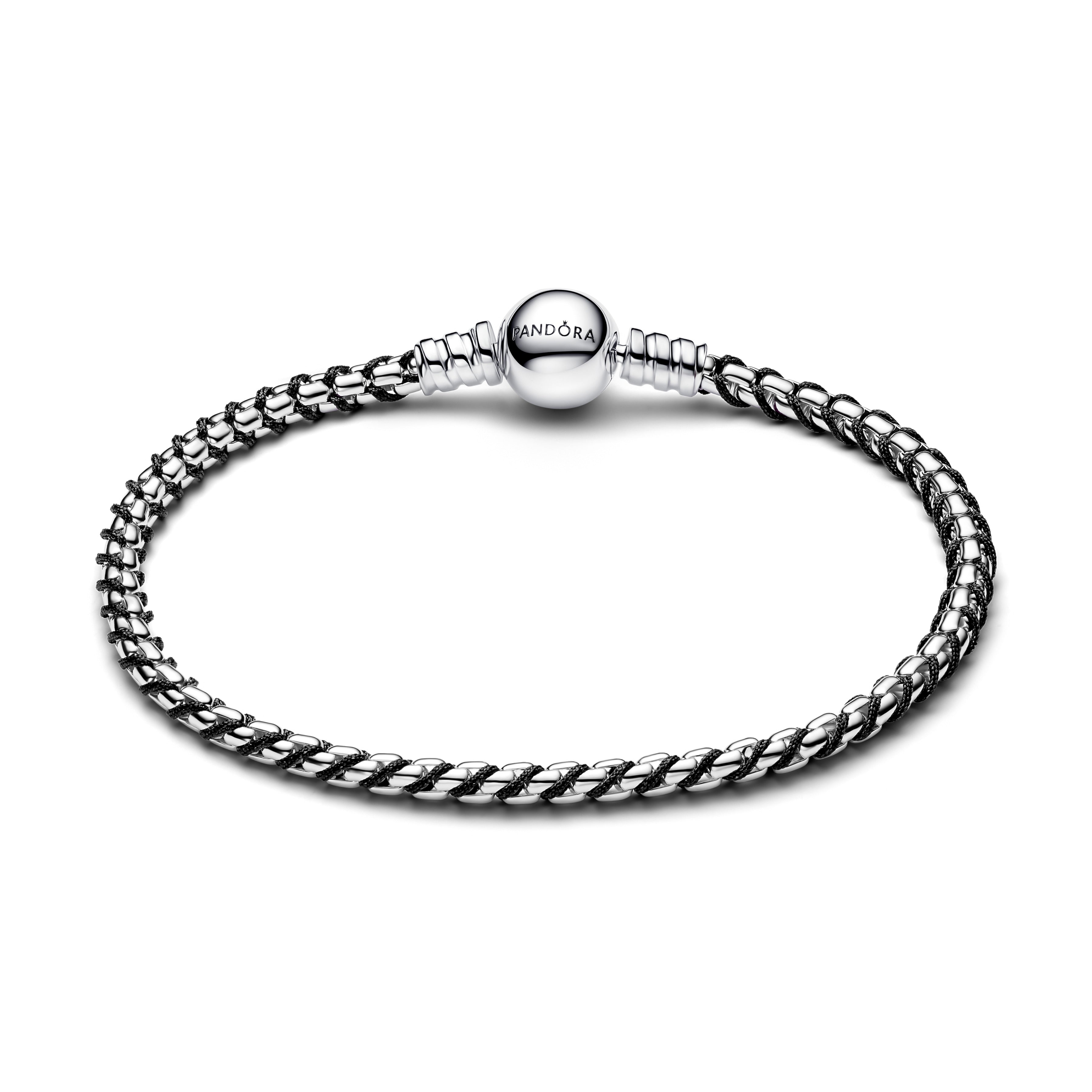 Braided Sterling Silver Box Chain Bracelet With Black Textile Cord