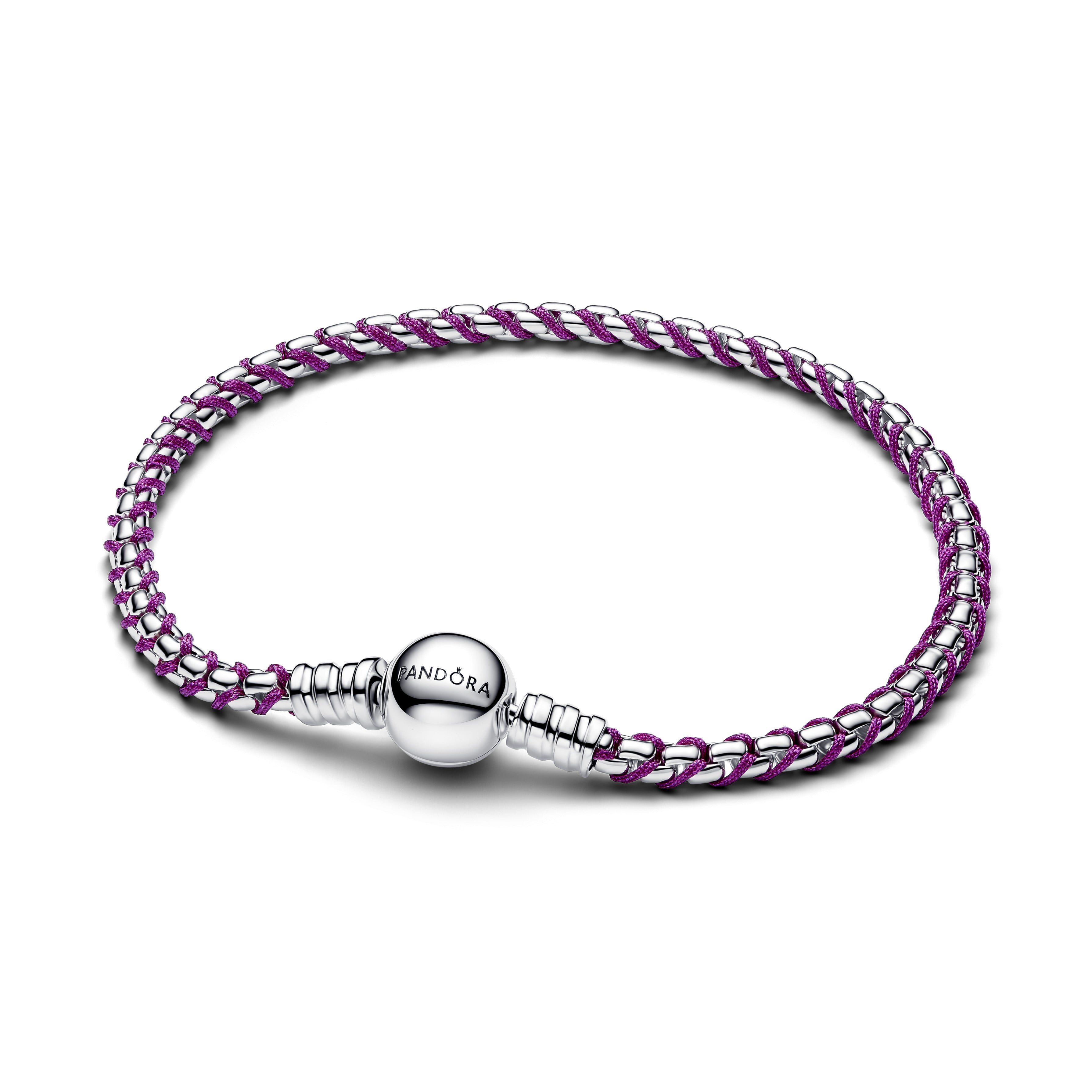Braided Sterling Silver Box Chain Bracelet With Purple Textile Cord