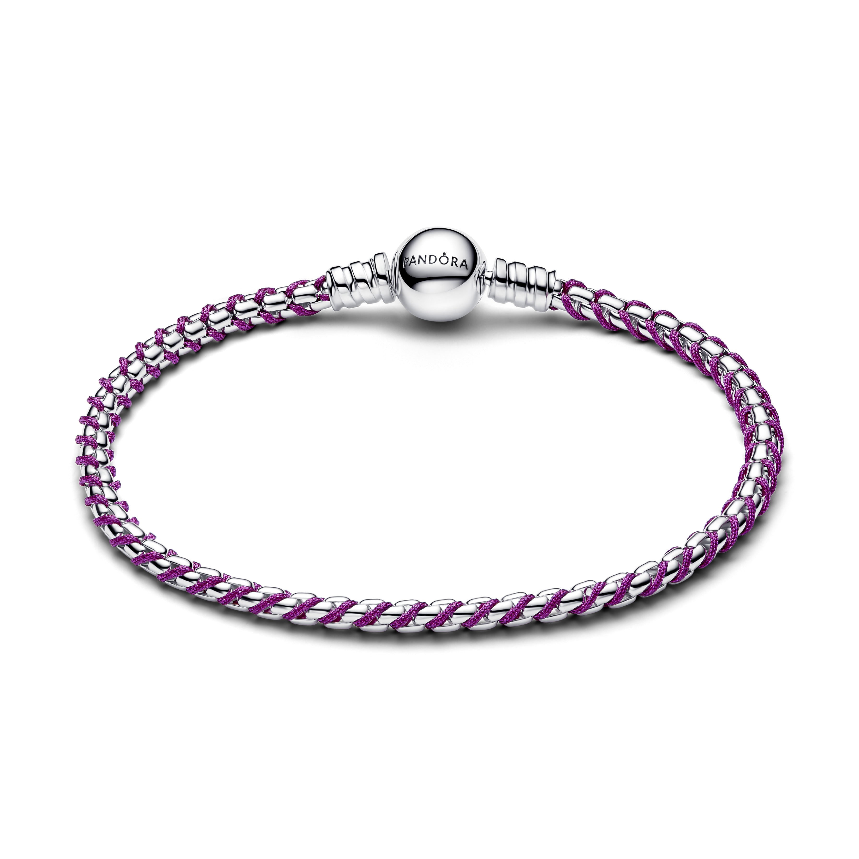 Braided Sterling Silver Box Chain Bracelet With Purple Textile Cord