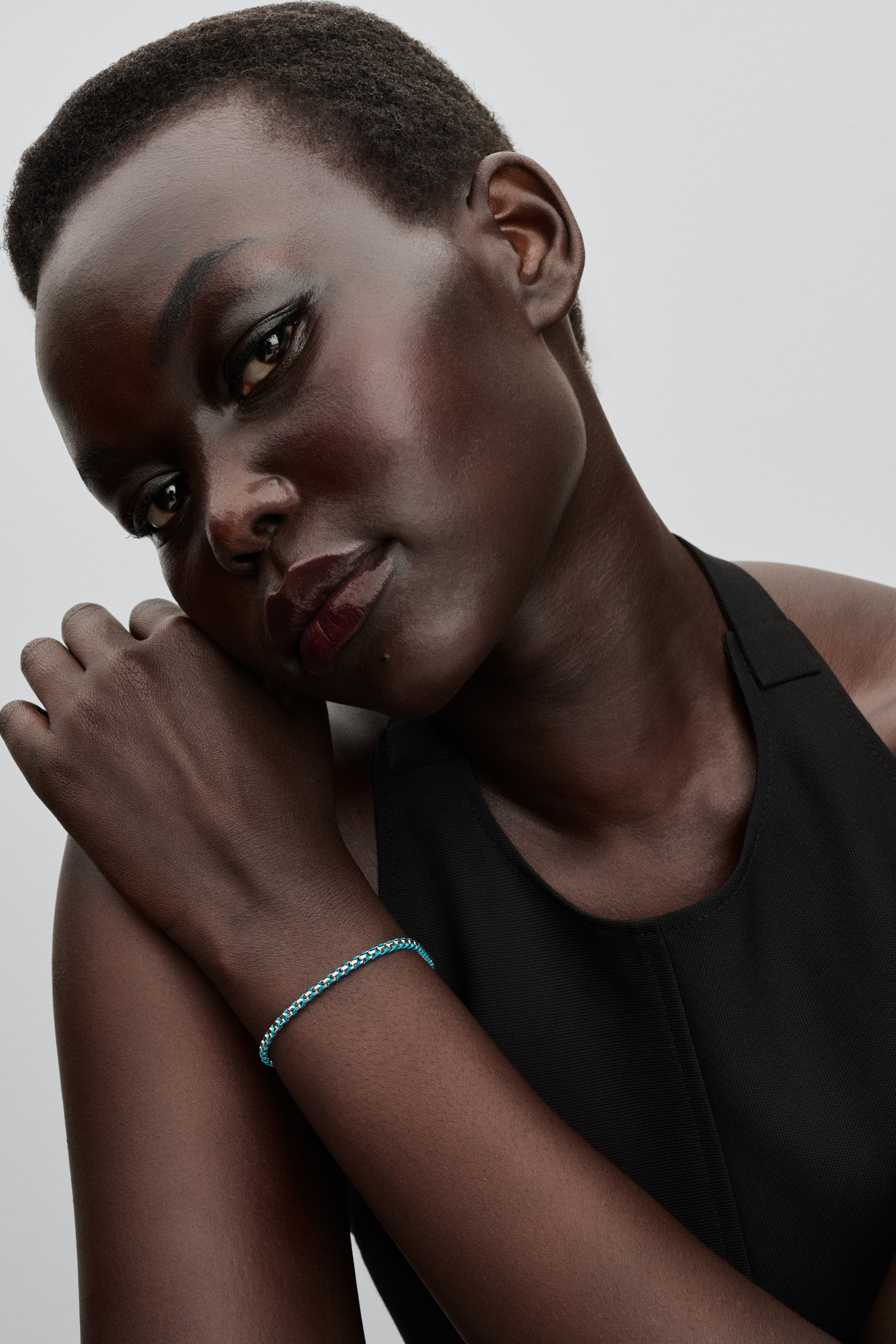 Braided Sterling Silver Box Chain Bracelet With Turquoise Textile Cord