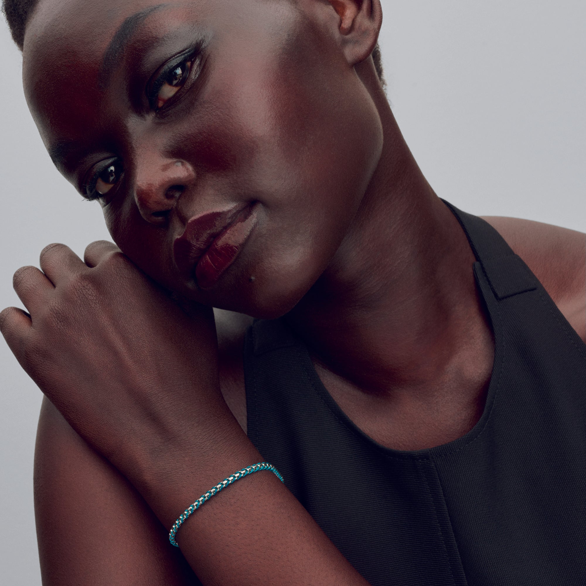 Braided Sterling Silver Box Chain Bracelet With Turquoise Textile Cord