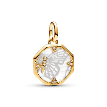 Butterfly 14K Gold-Plated Medallion With Clear Cubic Zirconia And White Bioresin Man-Made Mother Of Pearl