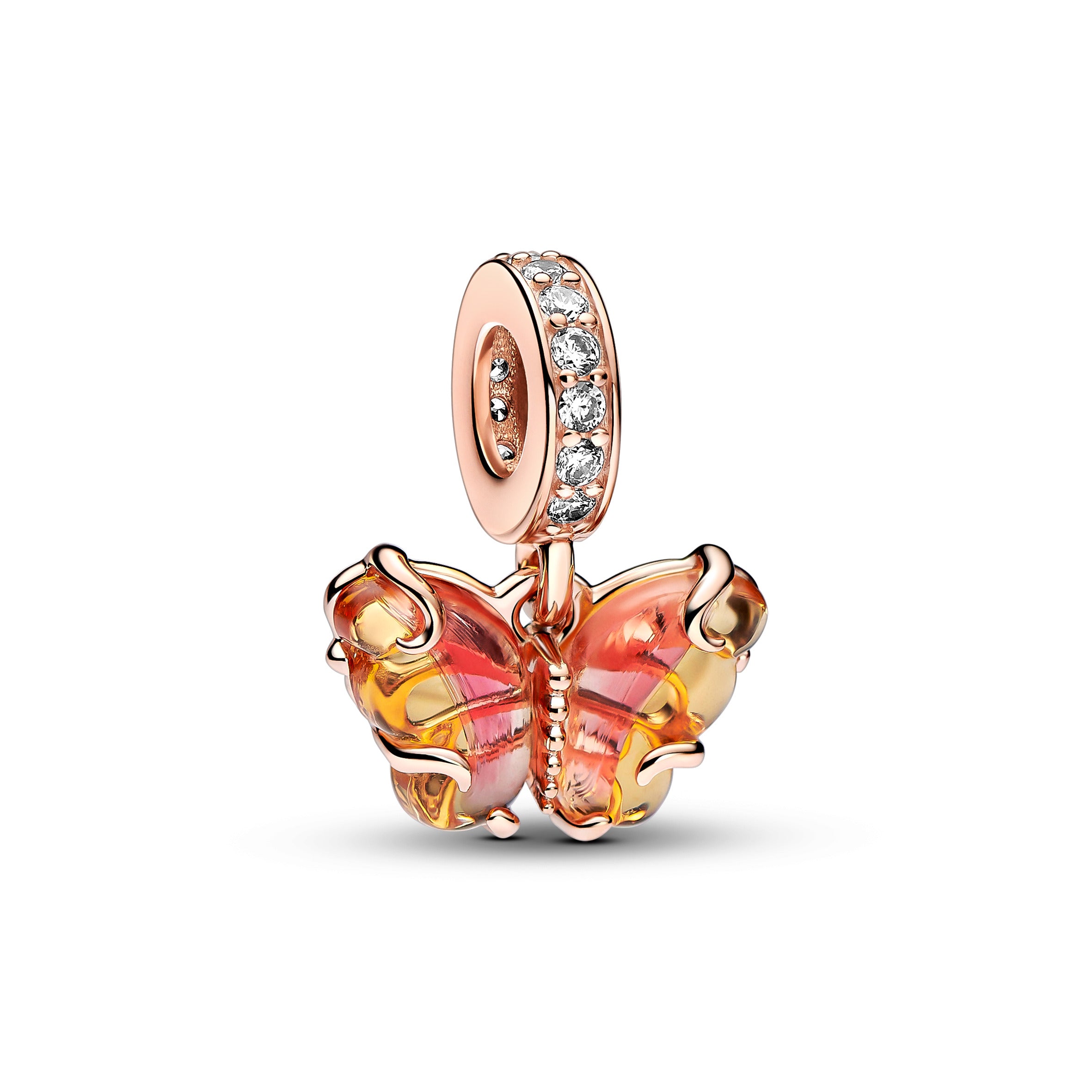 Butterfly 14K Rose Gold-Plated Dangle With Bi-Colour Orange And Pink Murano Glass And Clear Cubic Zirconia
