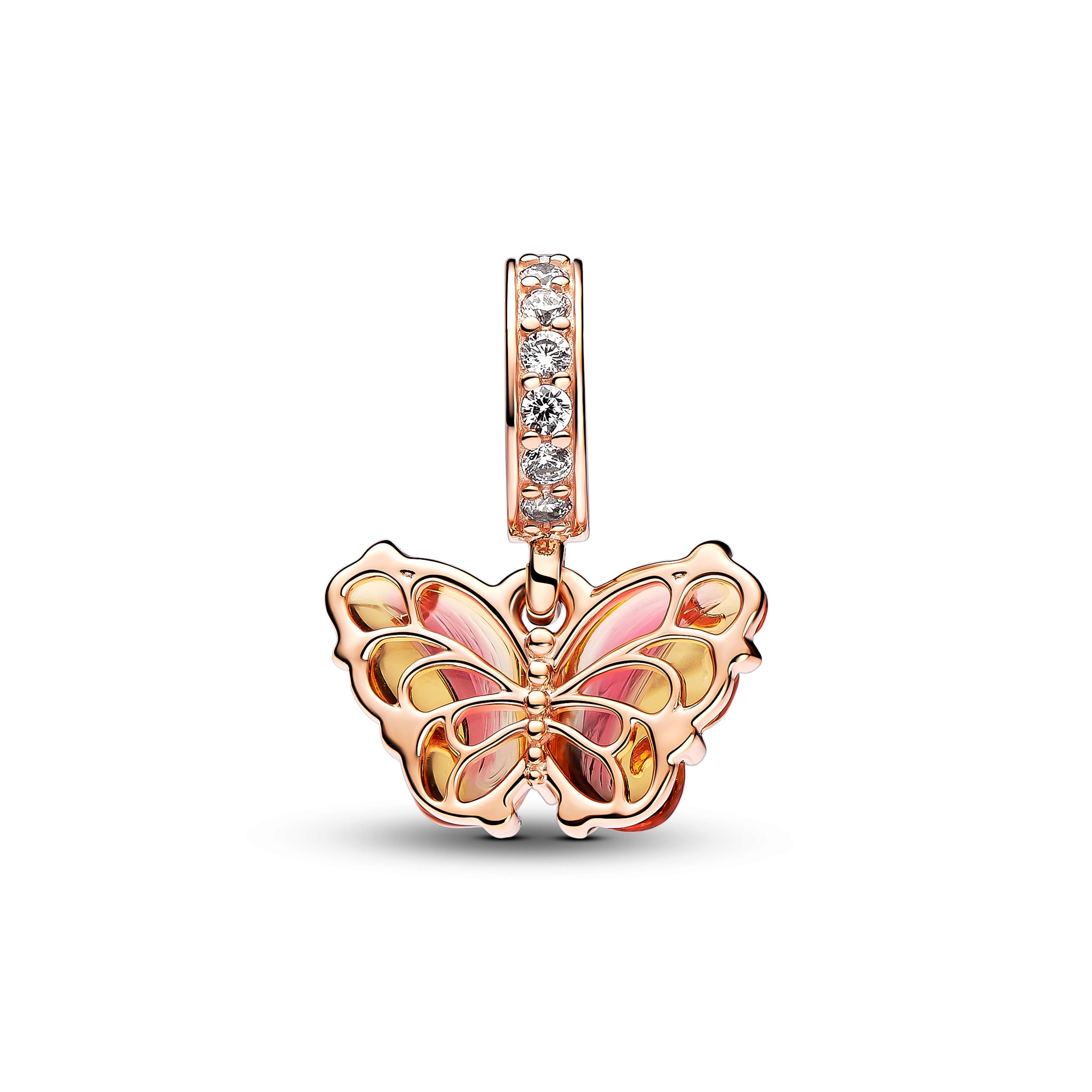 Butterfly 14K Rose Gold-Plated Dangle With Bi-Colour Orange And Pink Murano Glass And Clear Cubic Zirconia