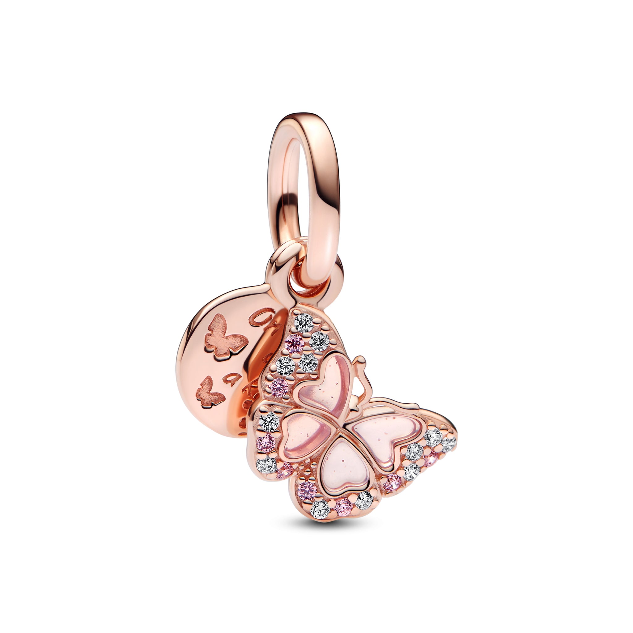 Butterfly 14K Rose Gold-Plated Dangle With Fancy Fairy Tale Pink And Clear Cubic Zirconia, Transparent Pink Plique A Jour Enamel