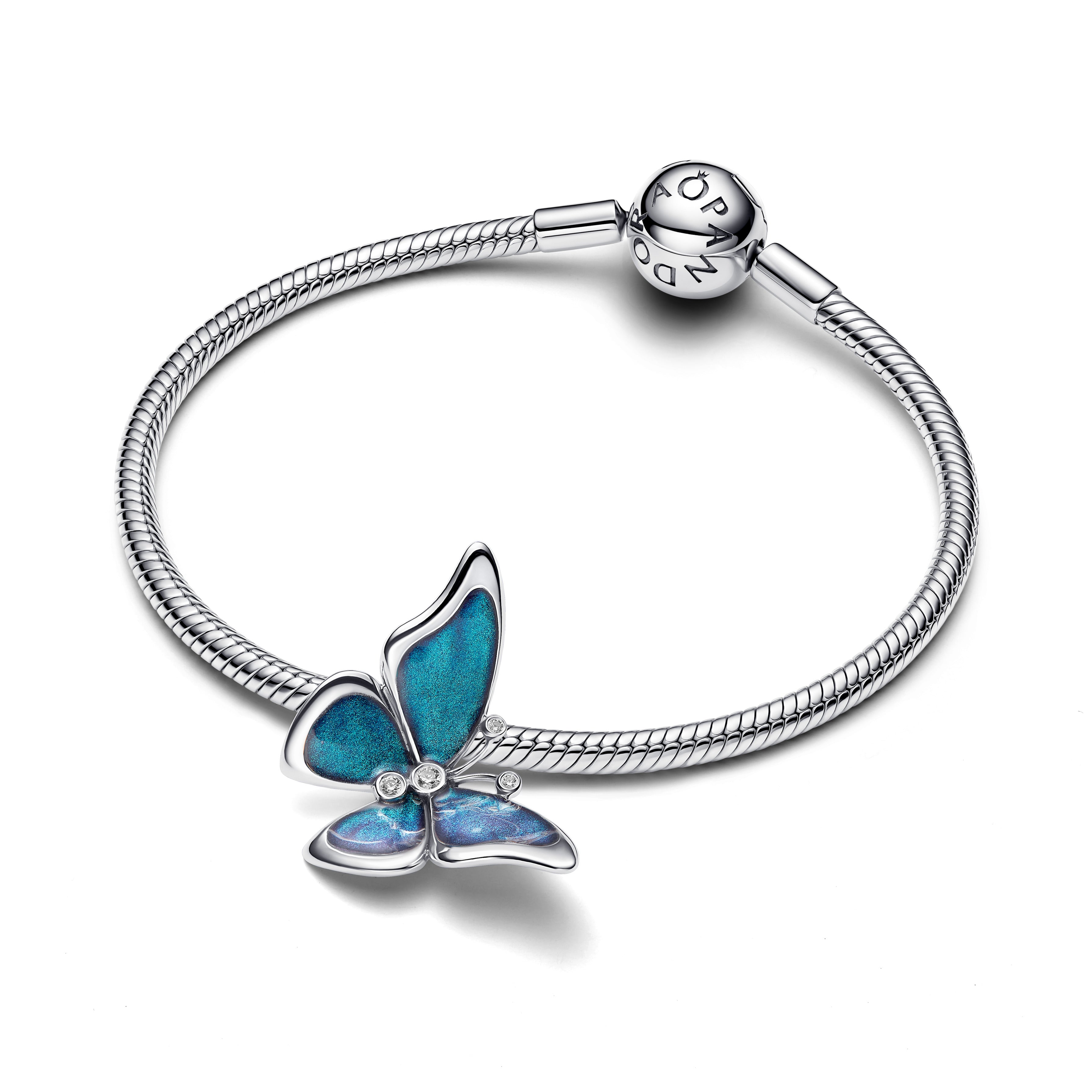 Butterfly Sterling Silver Charm With Clear Cubic Zirconia, Black, Teal And Purple Enamel