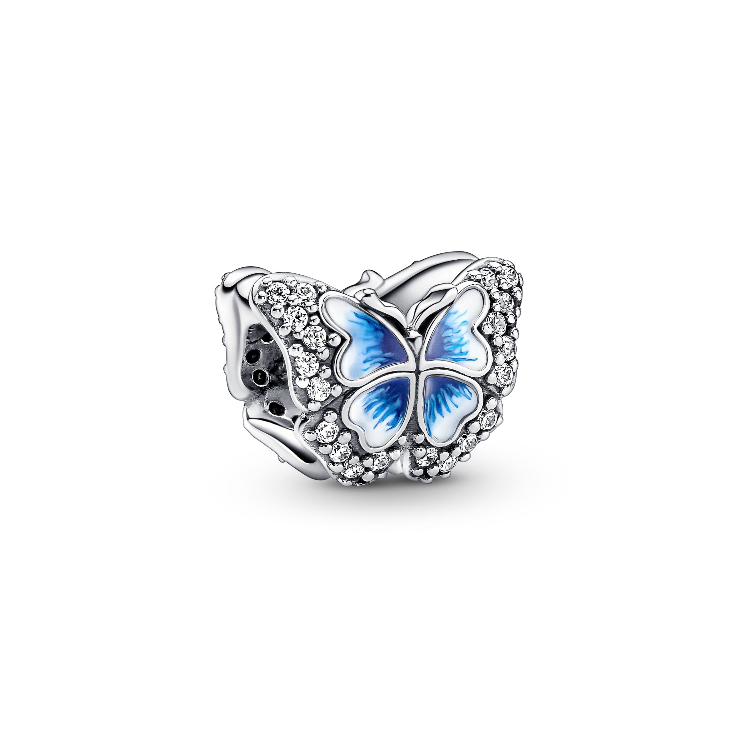 Butterfly Sterling Silver Charm With Clear Cubic Zirconia And Shaded Blue And White Enamel
