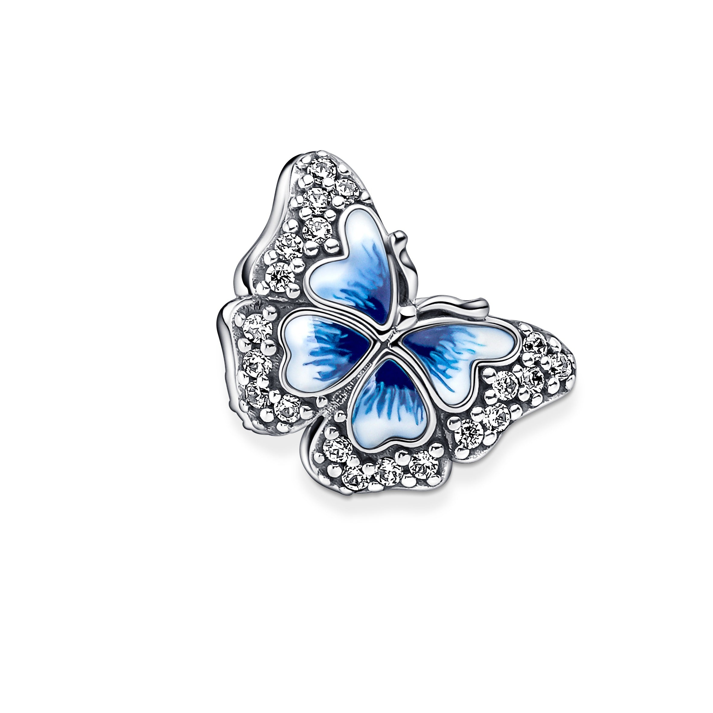 Butterfly Sterling Silver Charm With Clear Cubic Zirconia And Shaded Blue And White Enamel