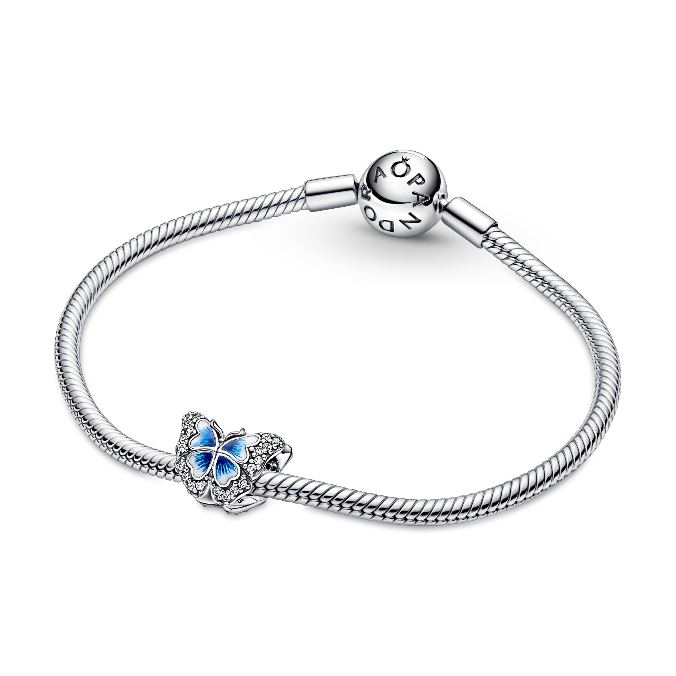 Butterfly Sterling Silver Charm With Clear Cubic Zirconia And Shaded Blue And White Enamel