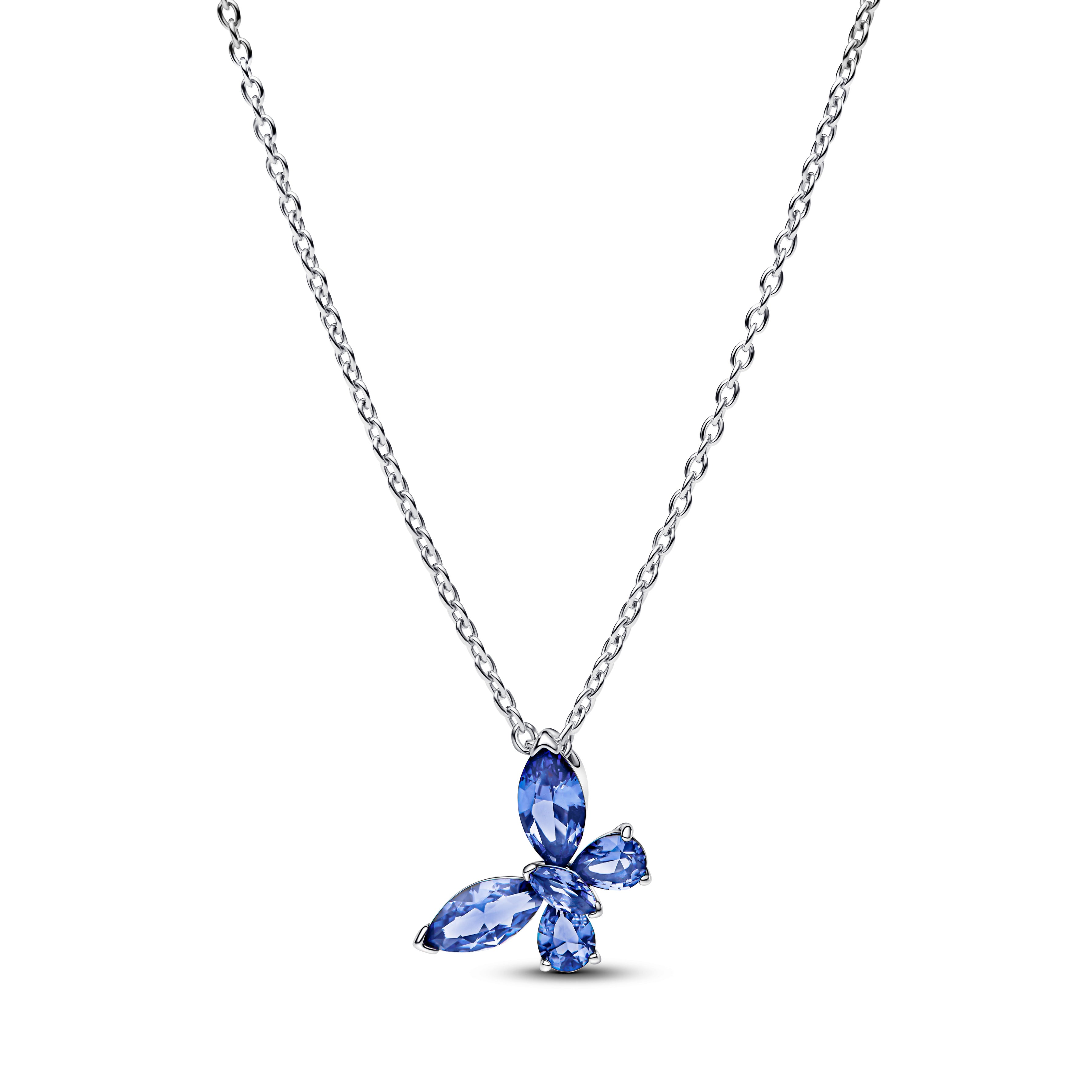 Butterfly Sterling Silver Collier With Cornflower Blue Crystal And Clear Cubic Zirconia