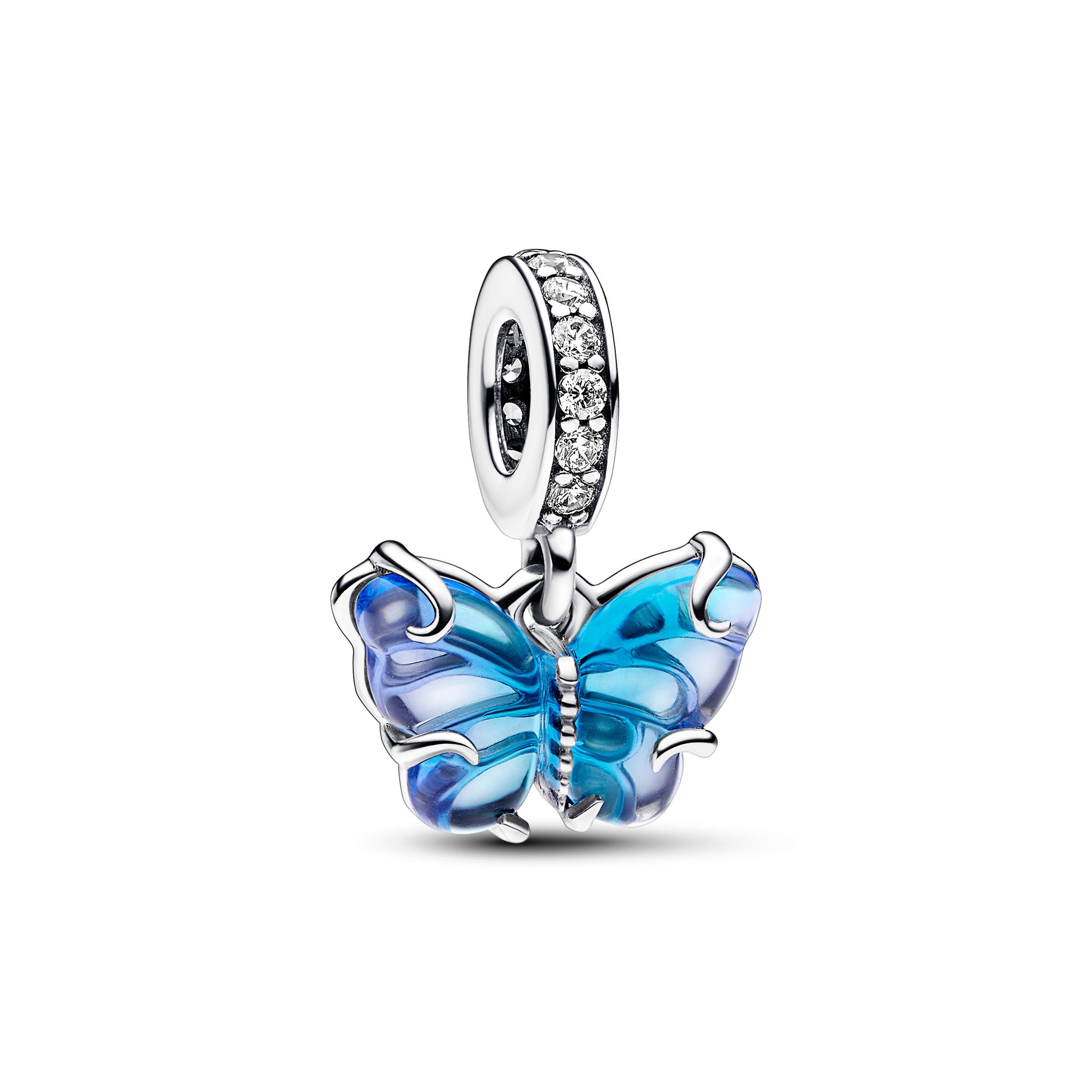 Butterfly Sterling Silver Dangle With Bi-Colour Blue Murano Glass And Clear Cubic Zirconia