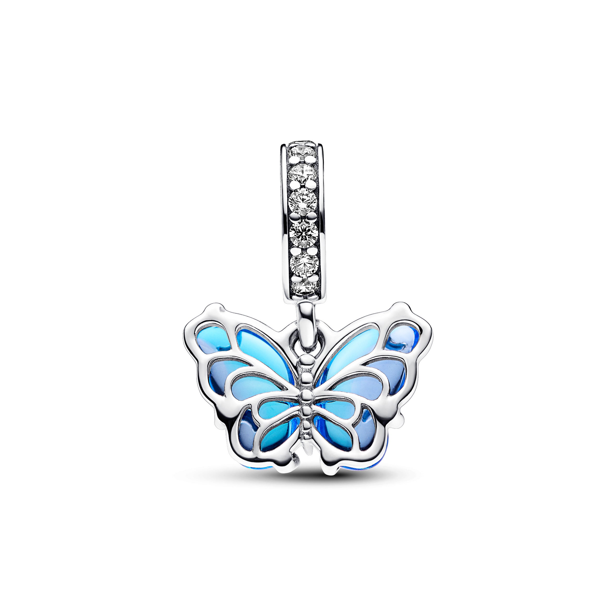 Butterfly Sterling Silver Dangle With Bi-Colour Blue Murano Glass And Clear Cubic Zirconia