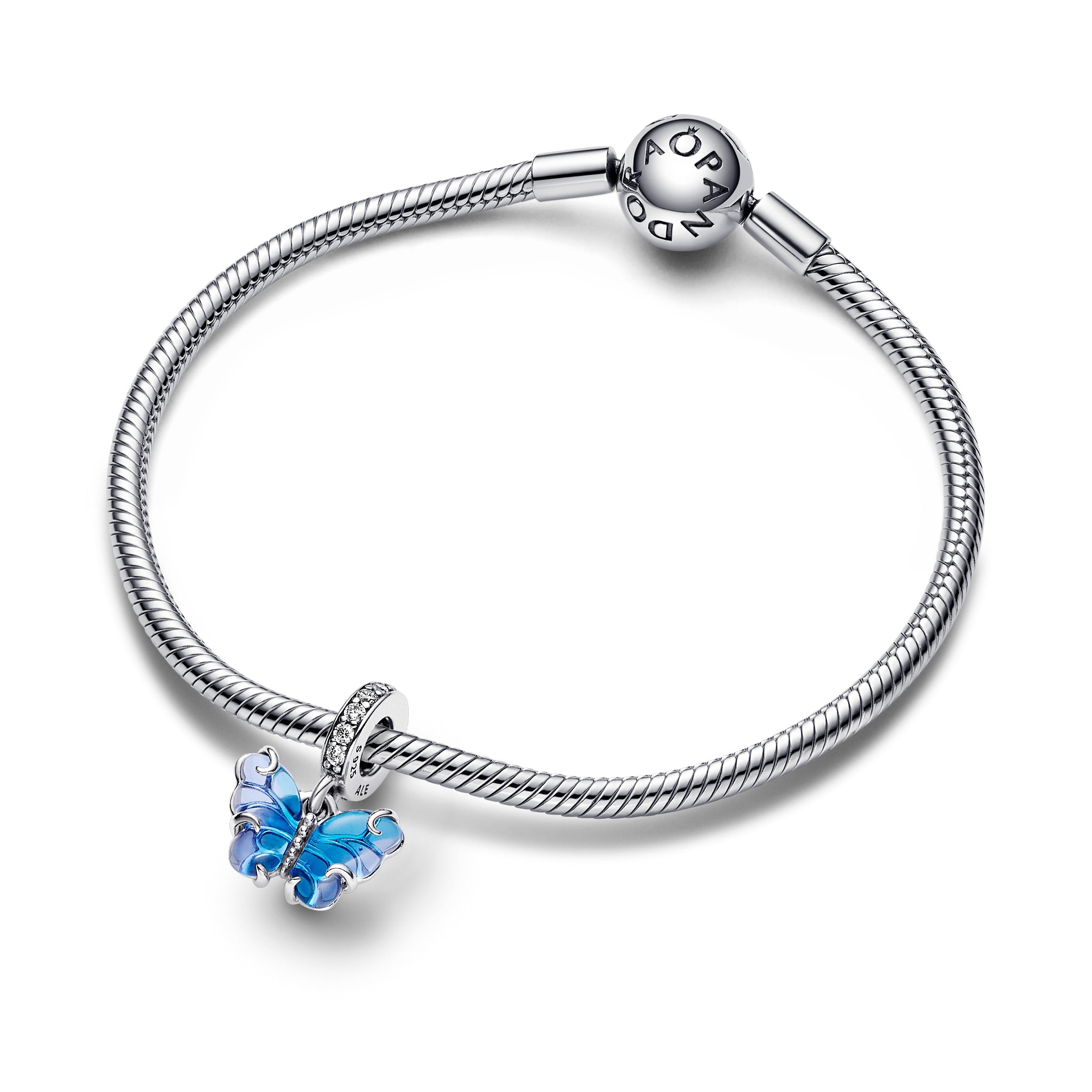 Butterfly Sterling Silver Dangle With Bi-Colour Blue Murano Glass And Clear Cubic Zirconia
