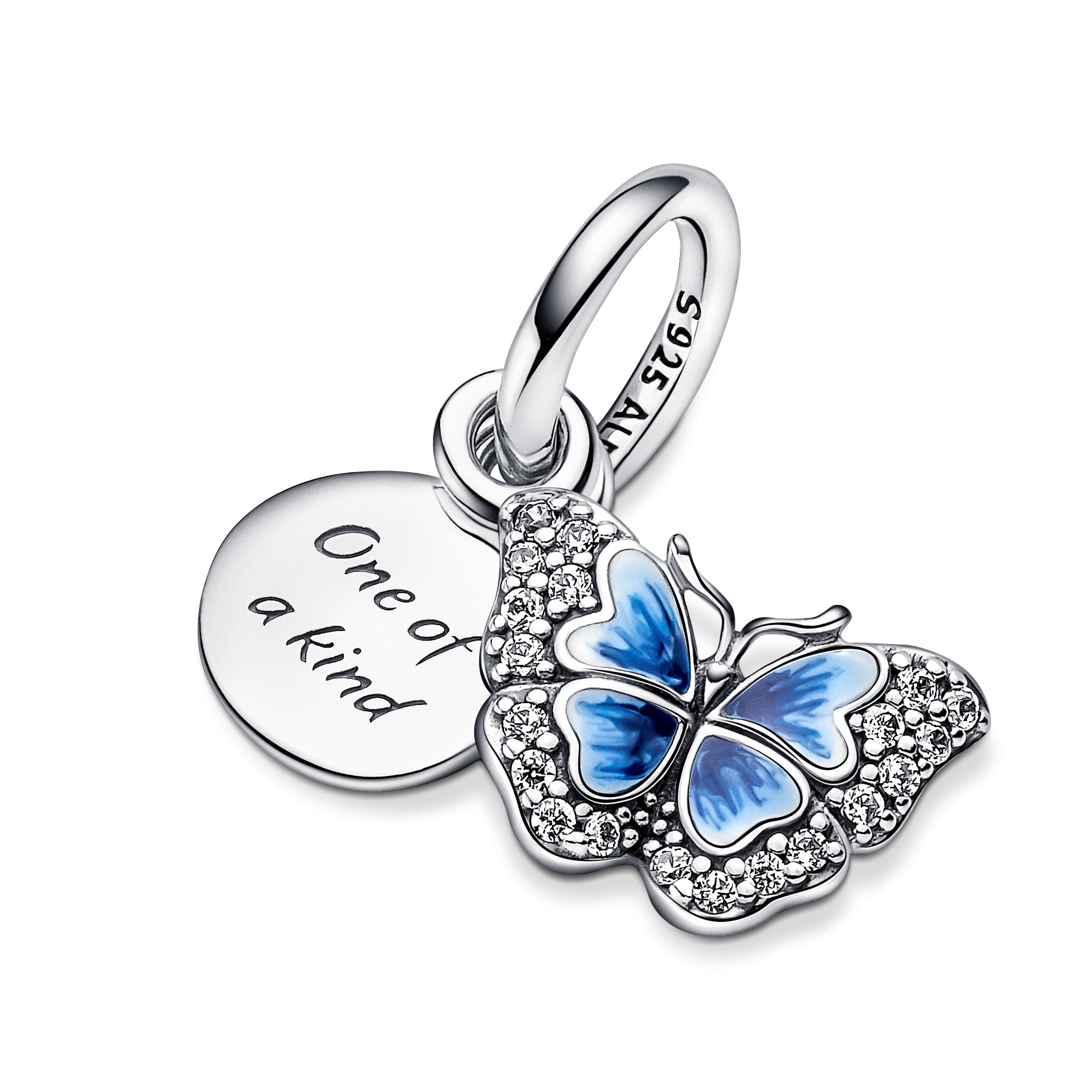 Butterfly Sterling Silver Dangle With Clear Cubic Zirconia, Shaded Blue And White Enamel