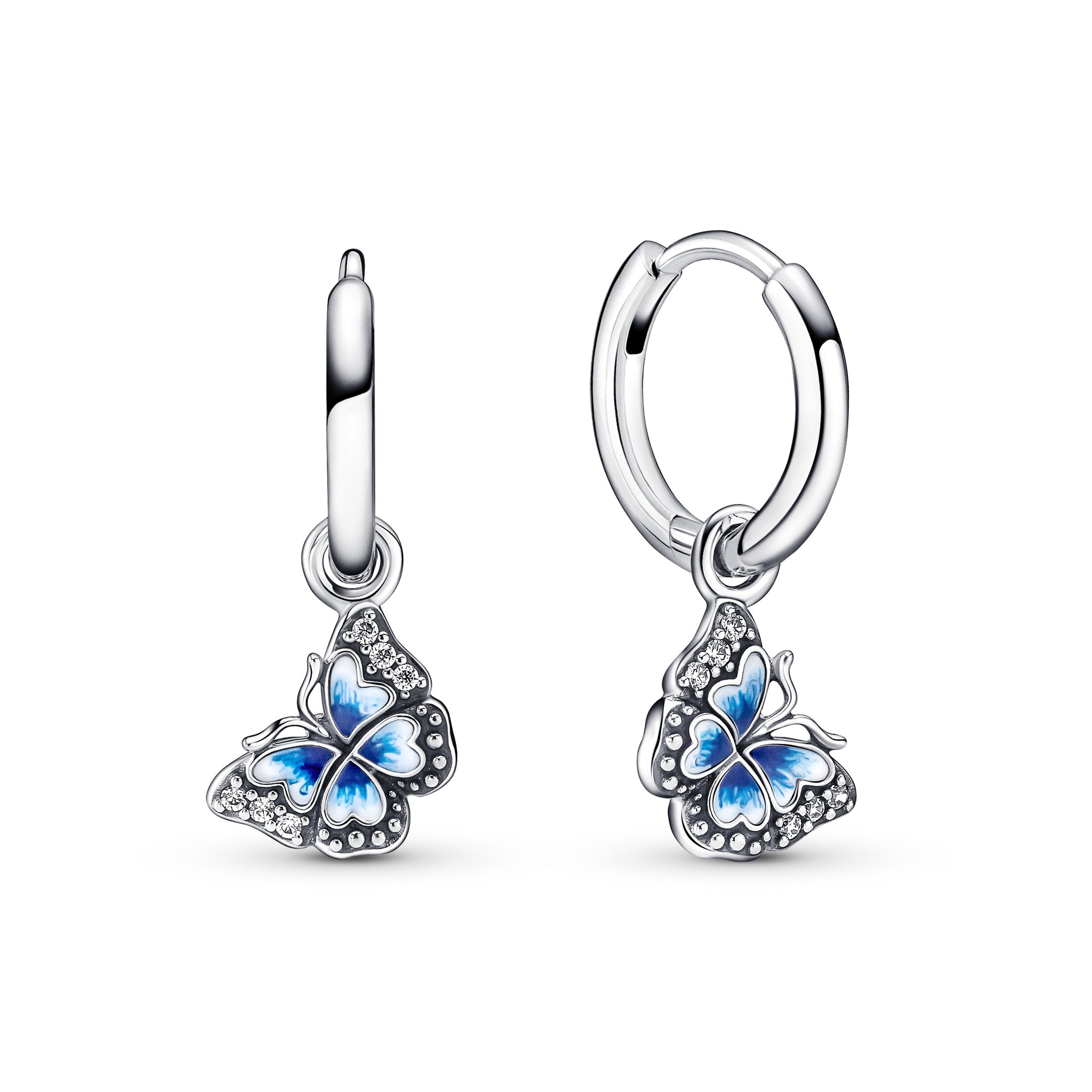 Butterfly Sterling Silver Hoop Earrings With Clear Cubic Zirconia, Shaded Blue And White Enamel
