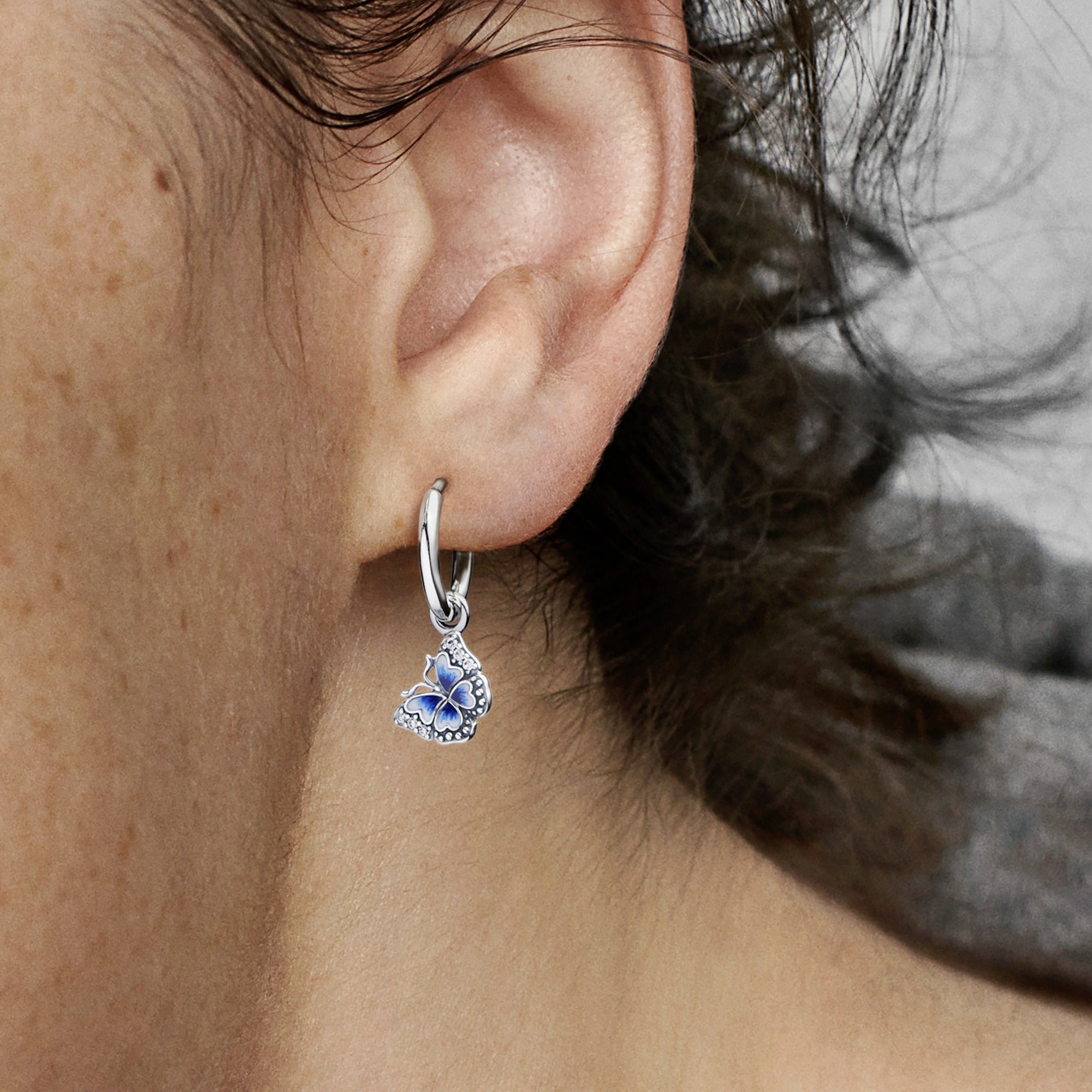 Butterfly Sterling Silver Hoop Earrings With Clear Cubic Zirconia, Shaded Blue And White Enamel