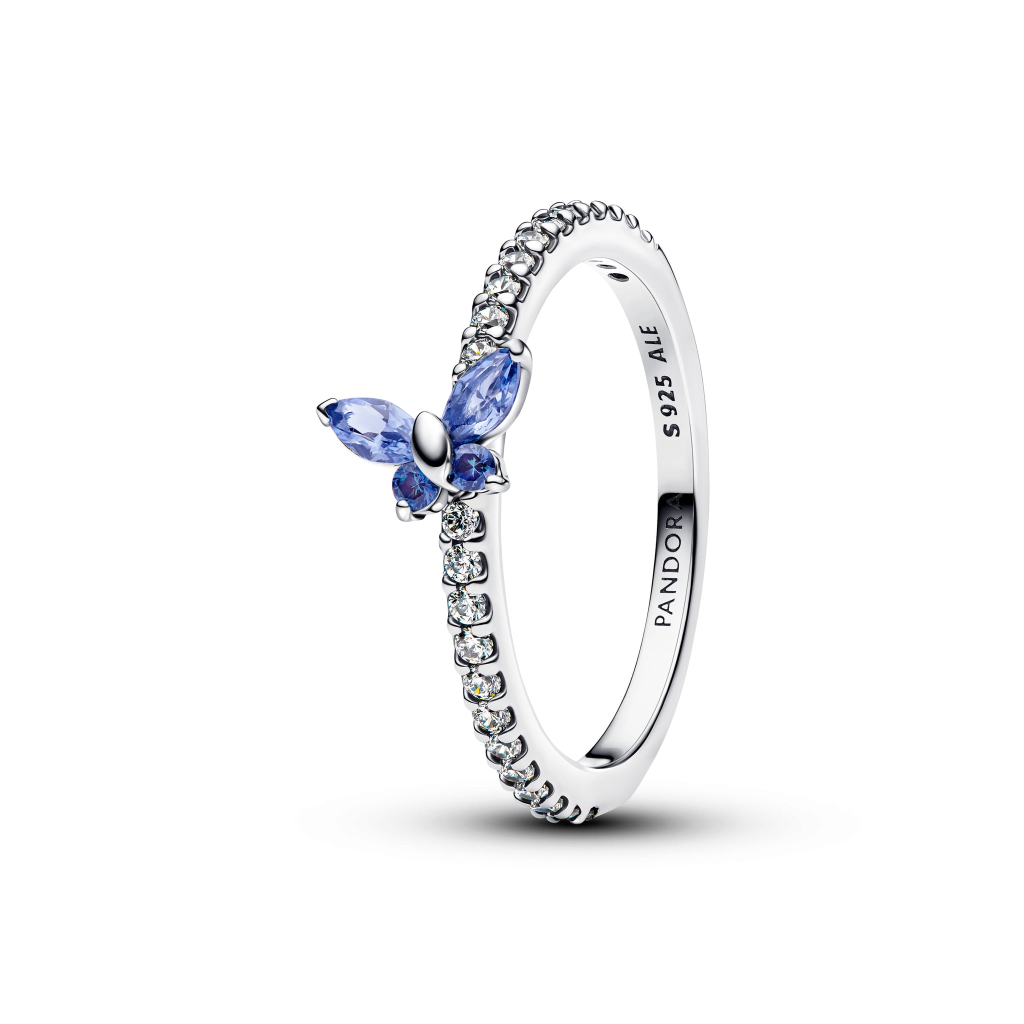 Butterfly Sterling Silver Ring With Cornflower Blue Crystal And Clear Cubic Zirconia