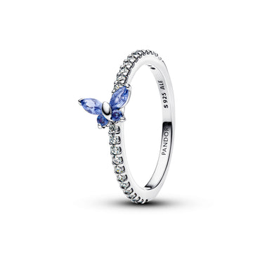 Butterfly Sterling Silver Ring With Cornflower Blue Crystal And Clear Cubic Zirconia