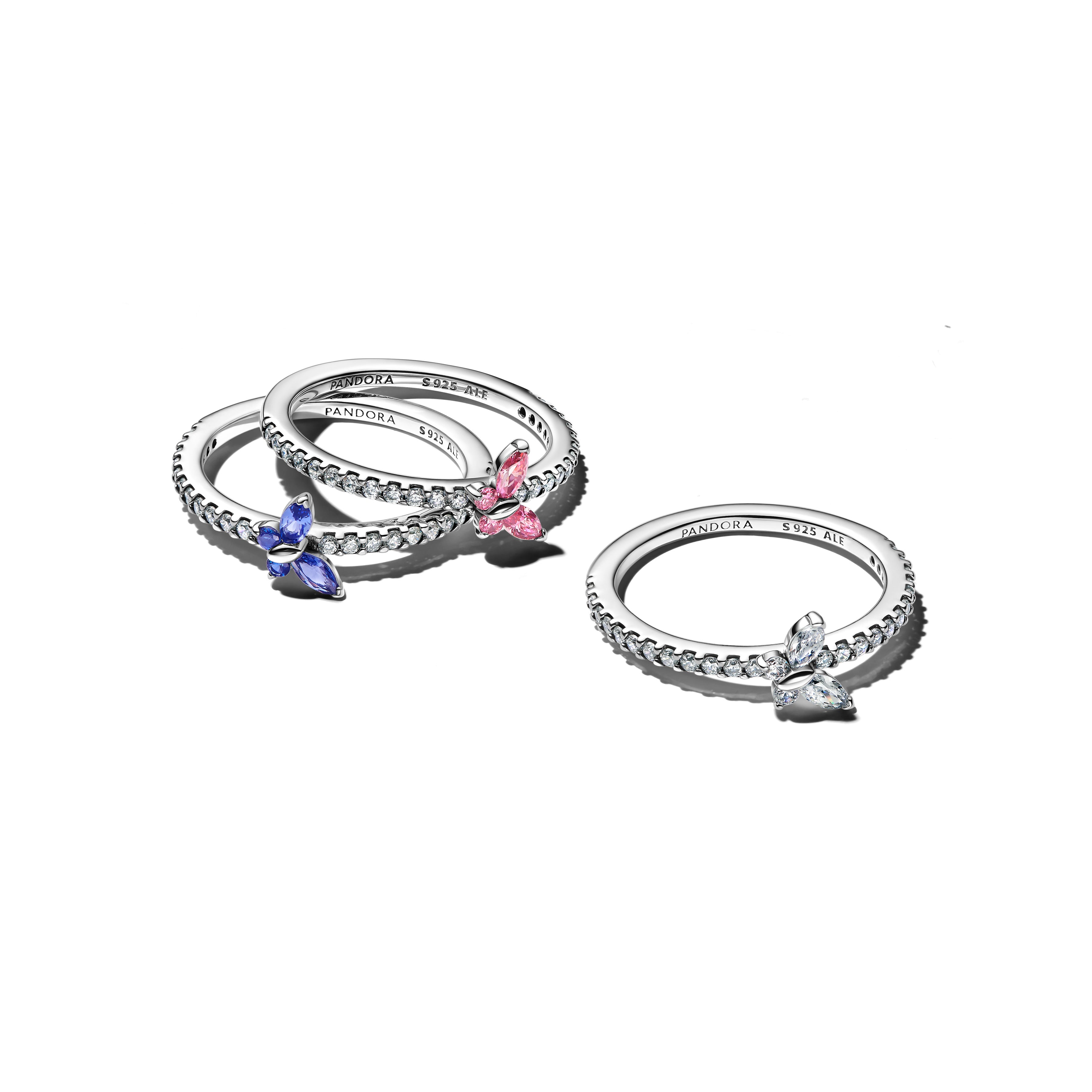 Butterfly Sterling Silver Ring With Cornflower Blue Crystal And Clear Cubic Zirconia