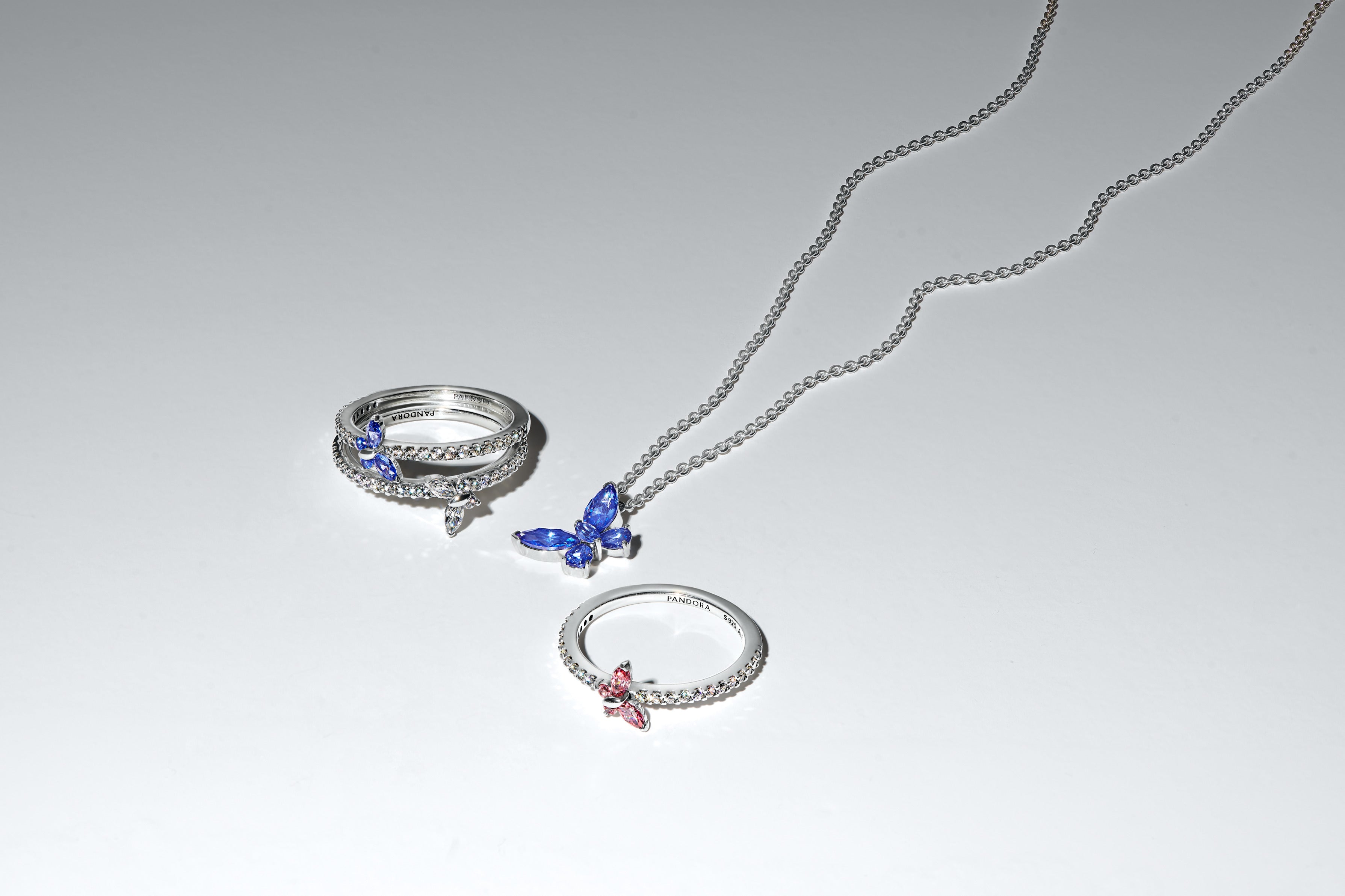 Butterfly Sterling Silver Ring With Cornflower Blue Crystal And Clear Cubic Zirconia