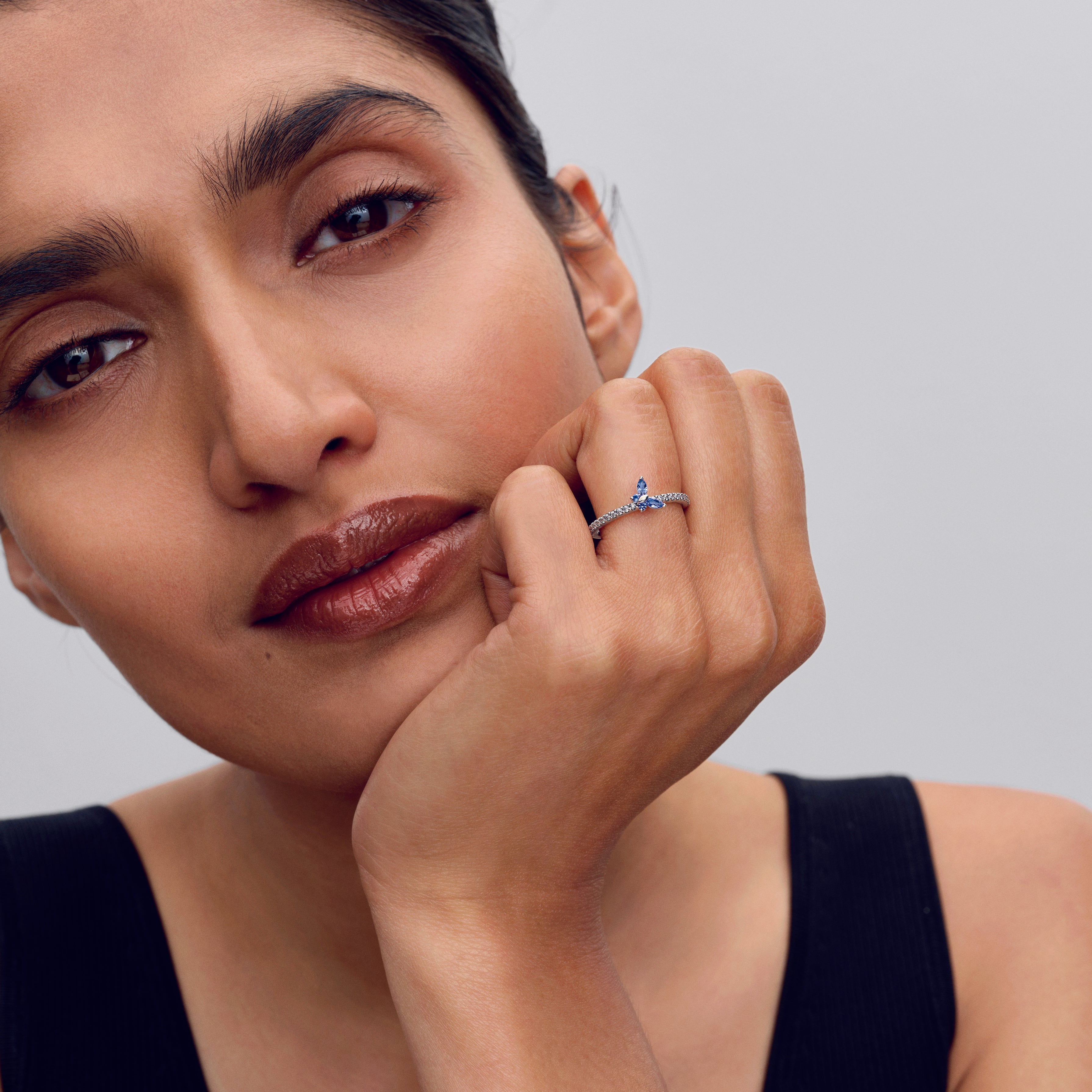 Butterfly Sterling Silver Ring With Cornflower Blue Crystal And Clear Cubic Zirconia