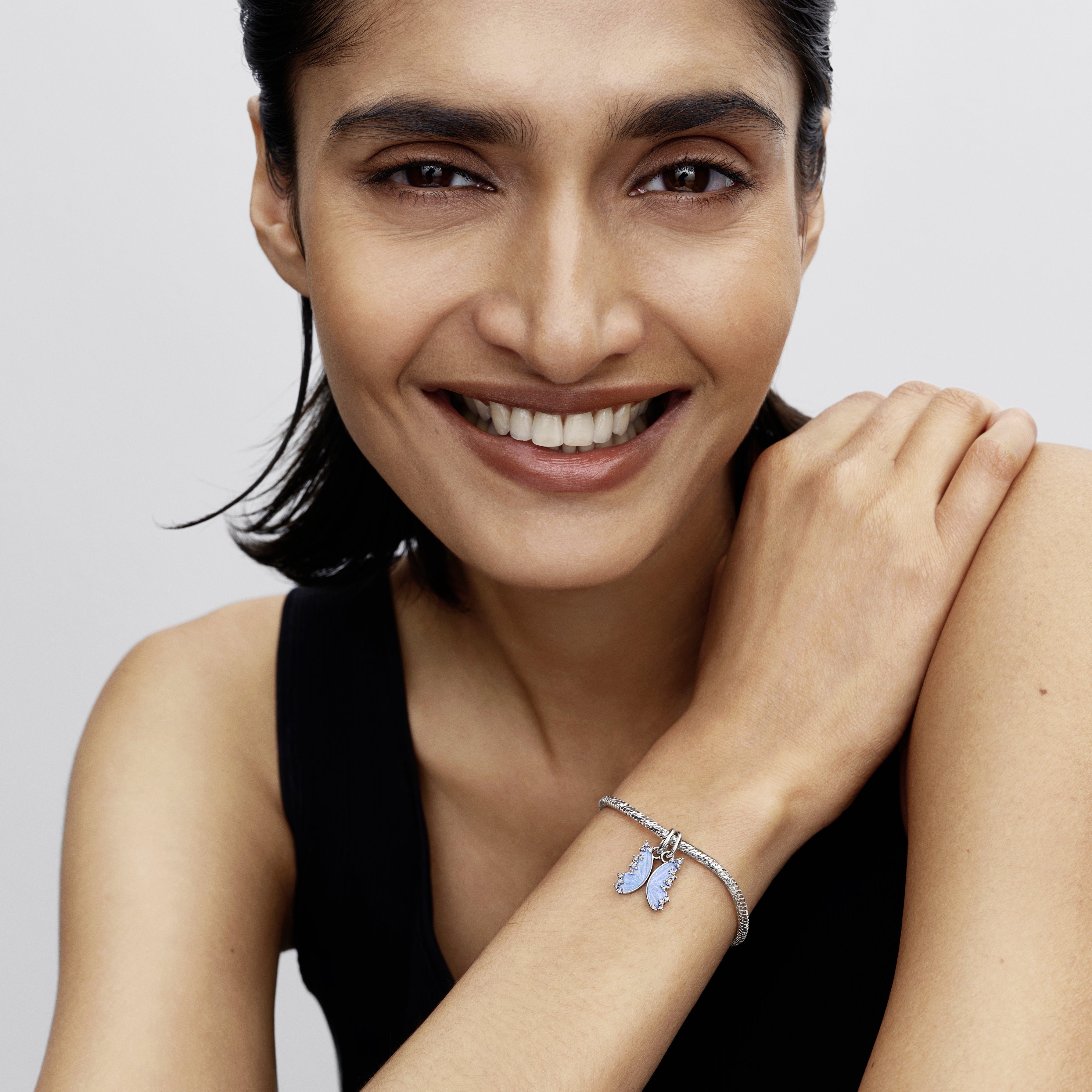 Butterfly Sterling Silver Splittable Dangle With Clear Cubic Zirconia And Shimmering Enamel