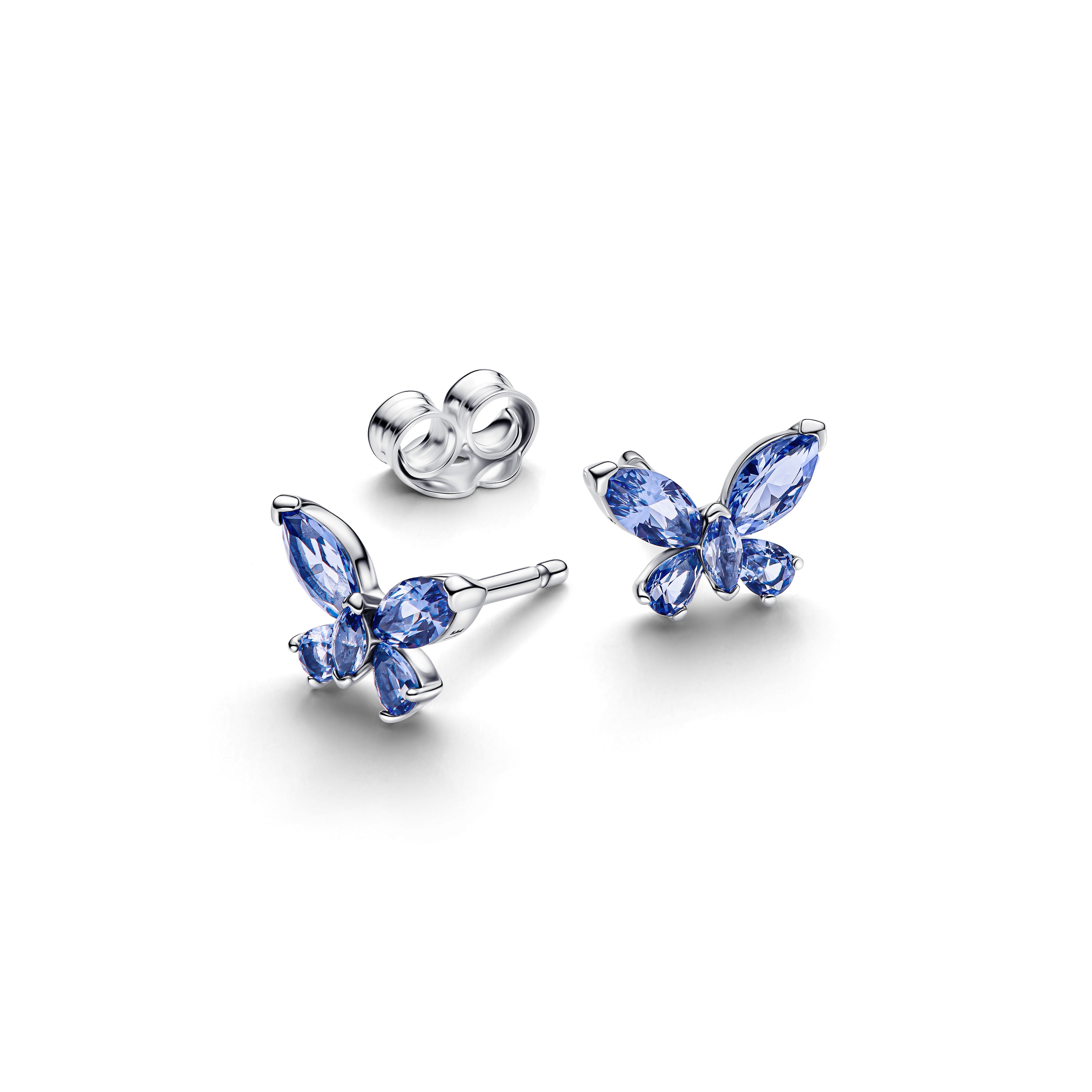 Butterfly Sterling Silver Stud Earrings With Cornflower Blue Crystal