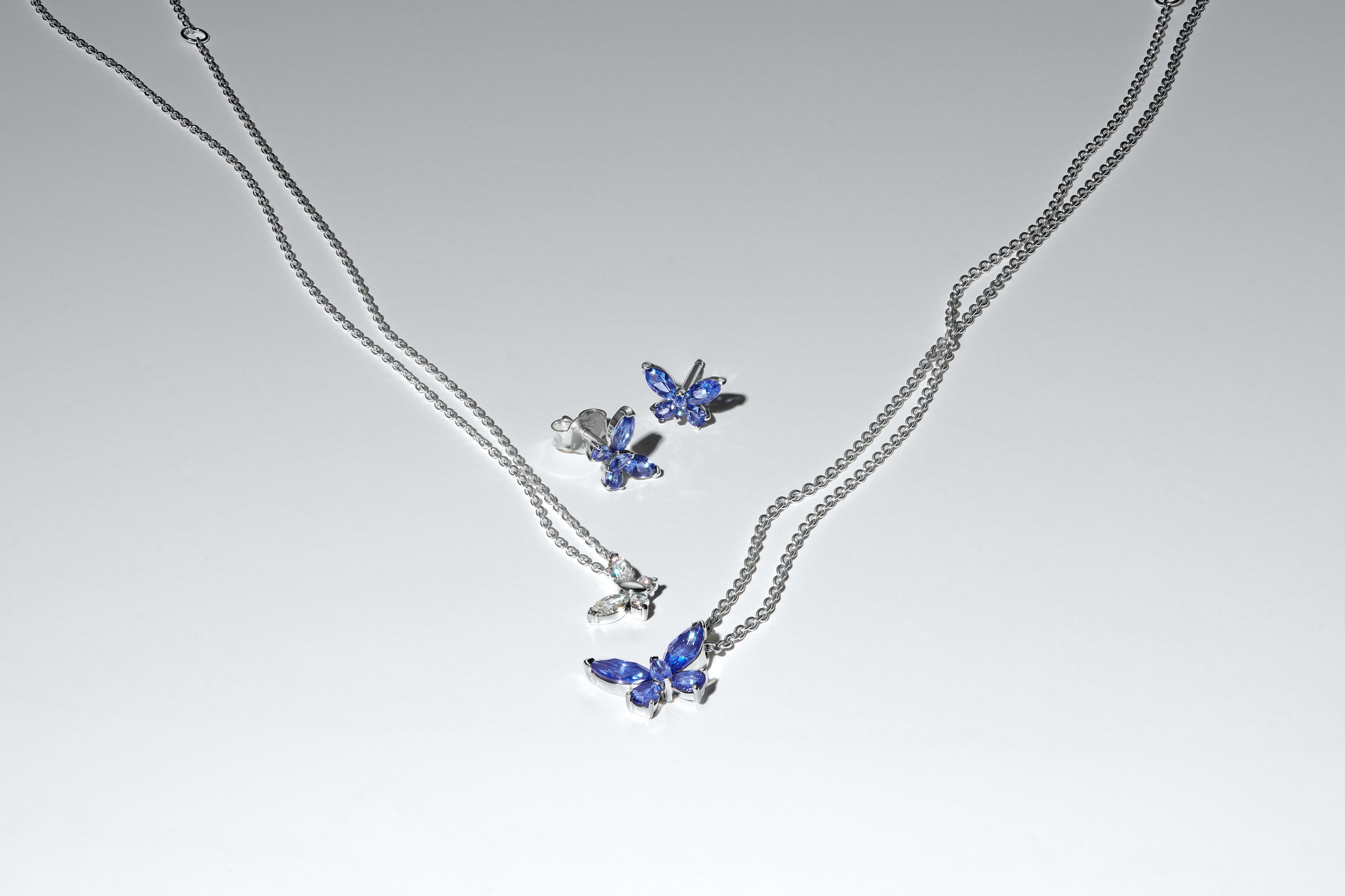 Butterfly Sterling Silver Stud Earrings With Cornflower Blue Crystal