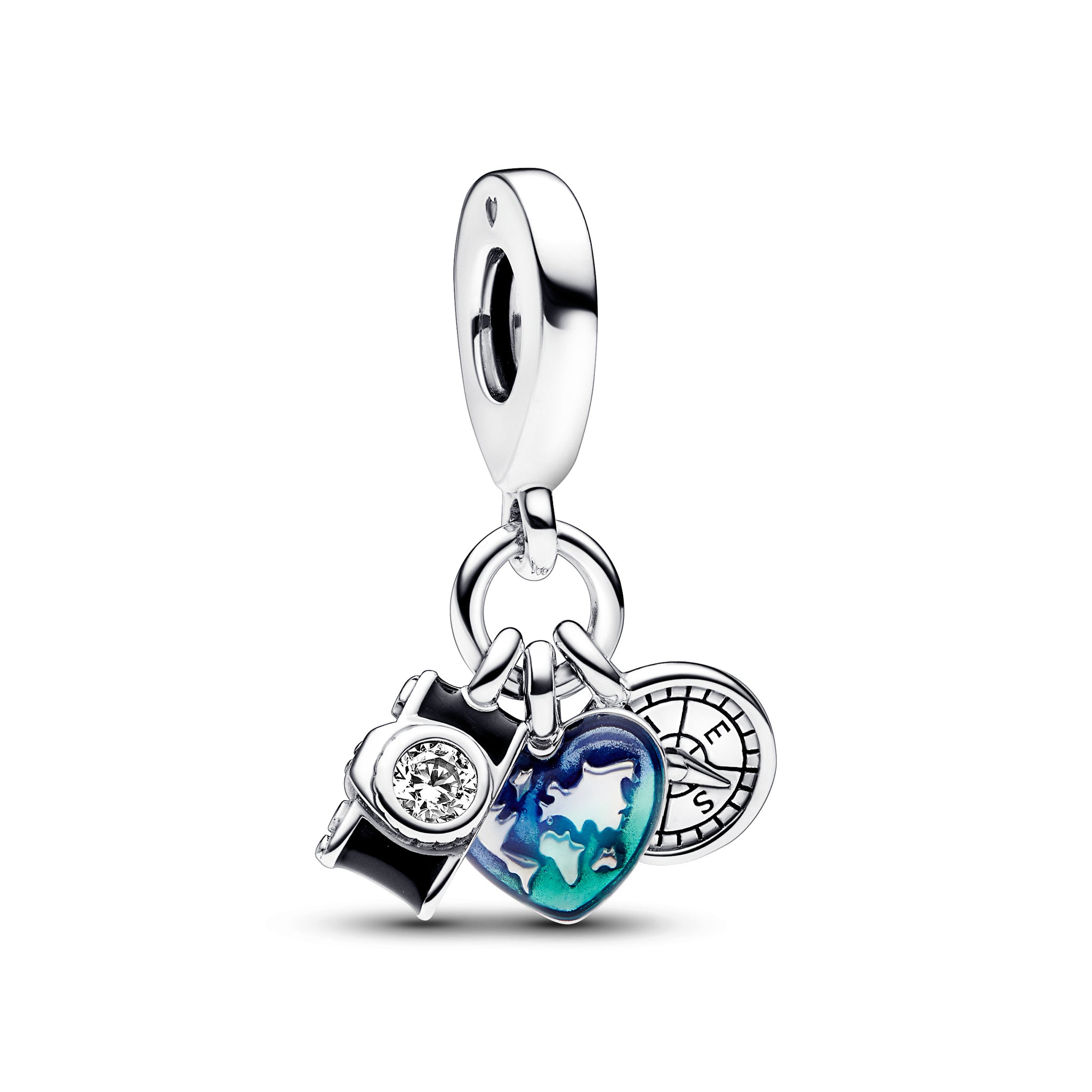 Camera, Heart And Compass Sterling Silver Triple Dangle With Clear Cubic Zirconia, Black, Transparent Blue And Green Enamel
