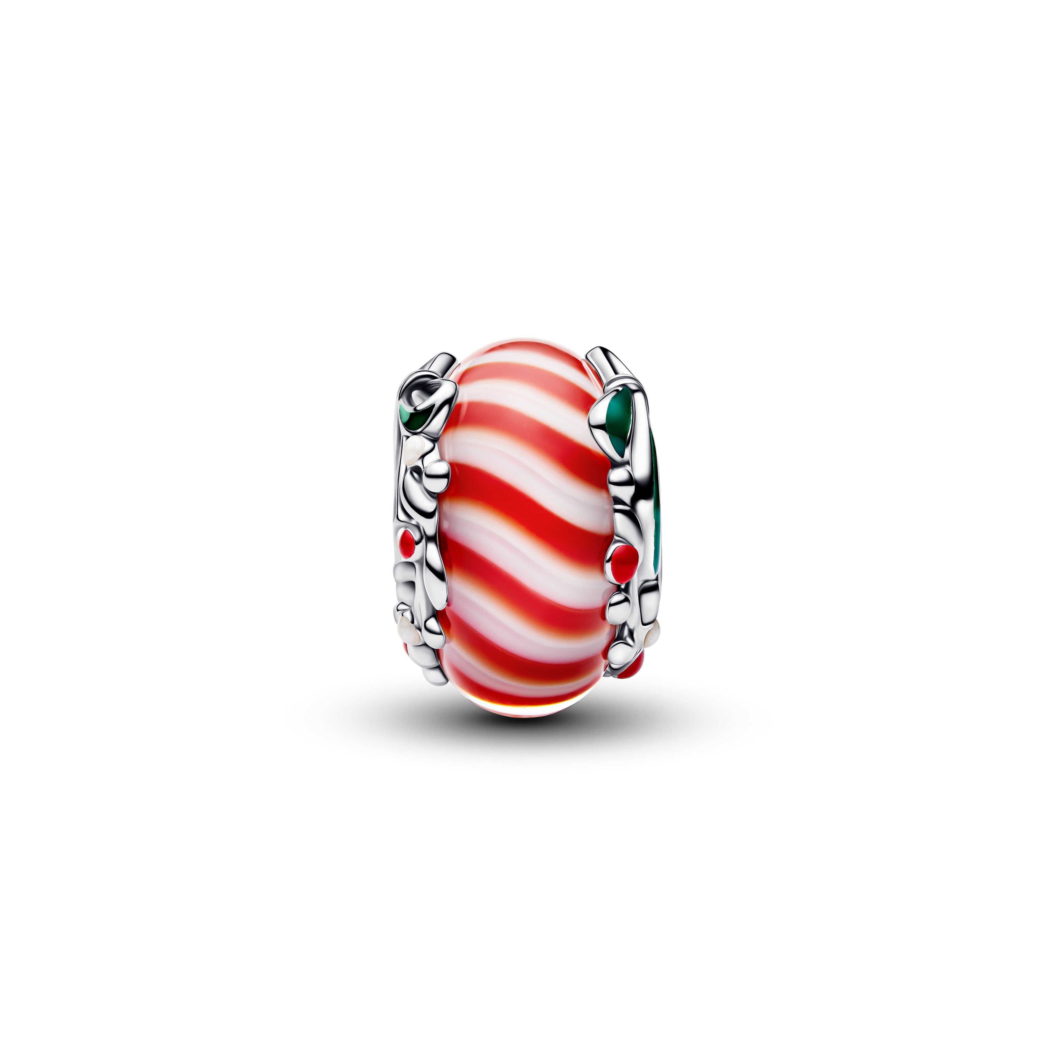 Candy Sterling Silver Charm With Red And White Murano Glass, Shimmering White, Red And Green Enamel