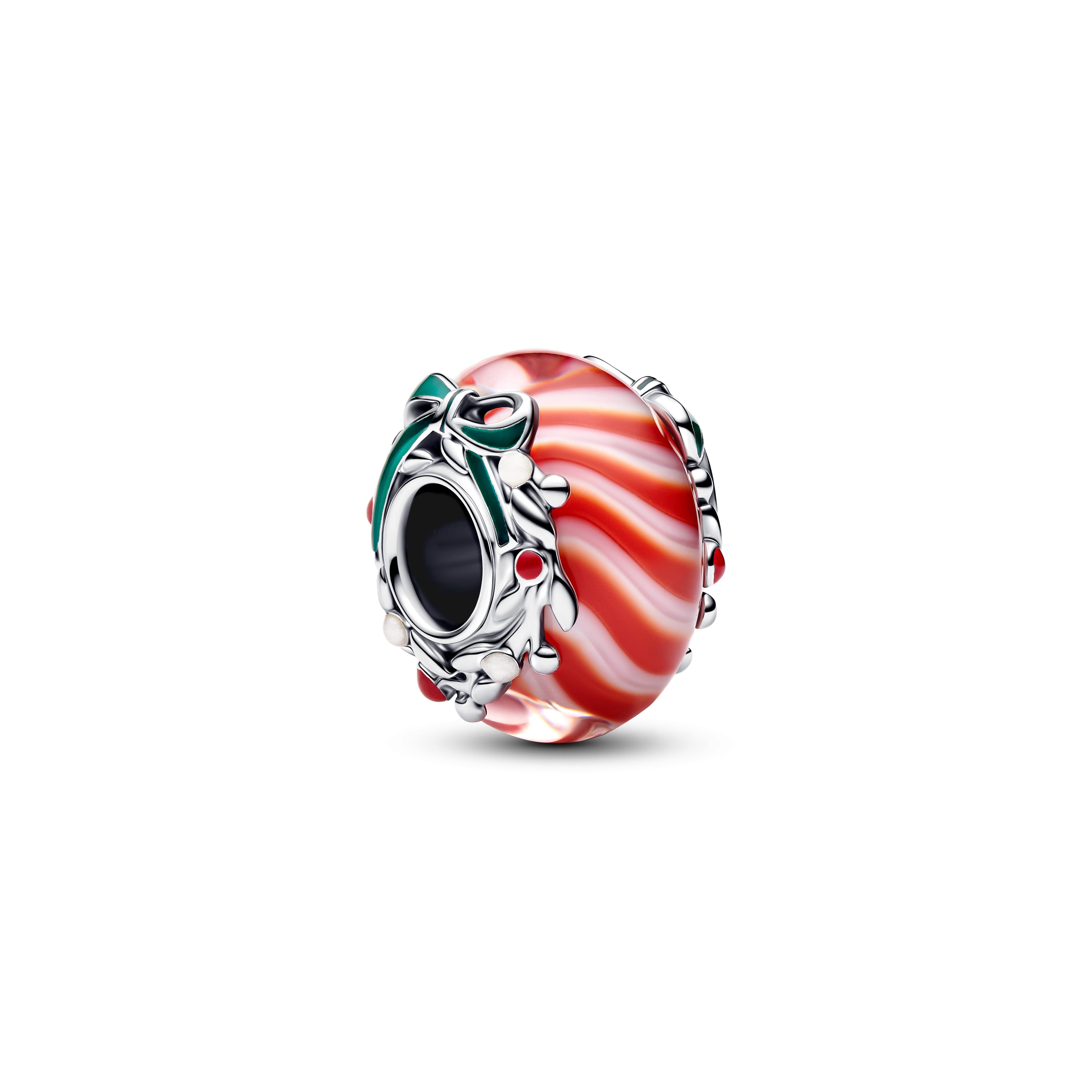 Candy Sterling Silver Charm With Red And White Murano Glass, Shimmering White, Red And Green Enamel