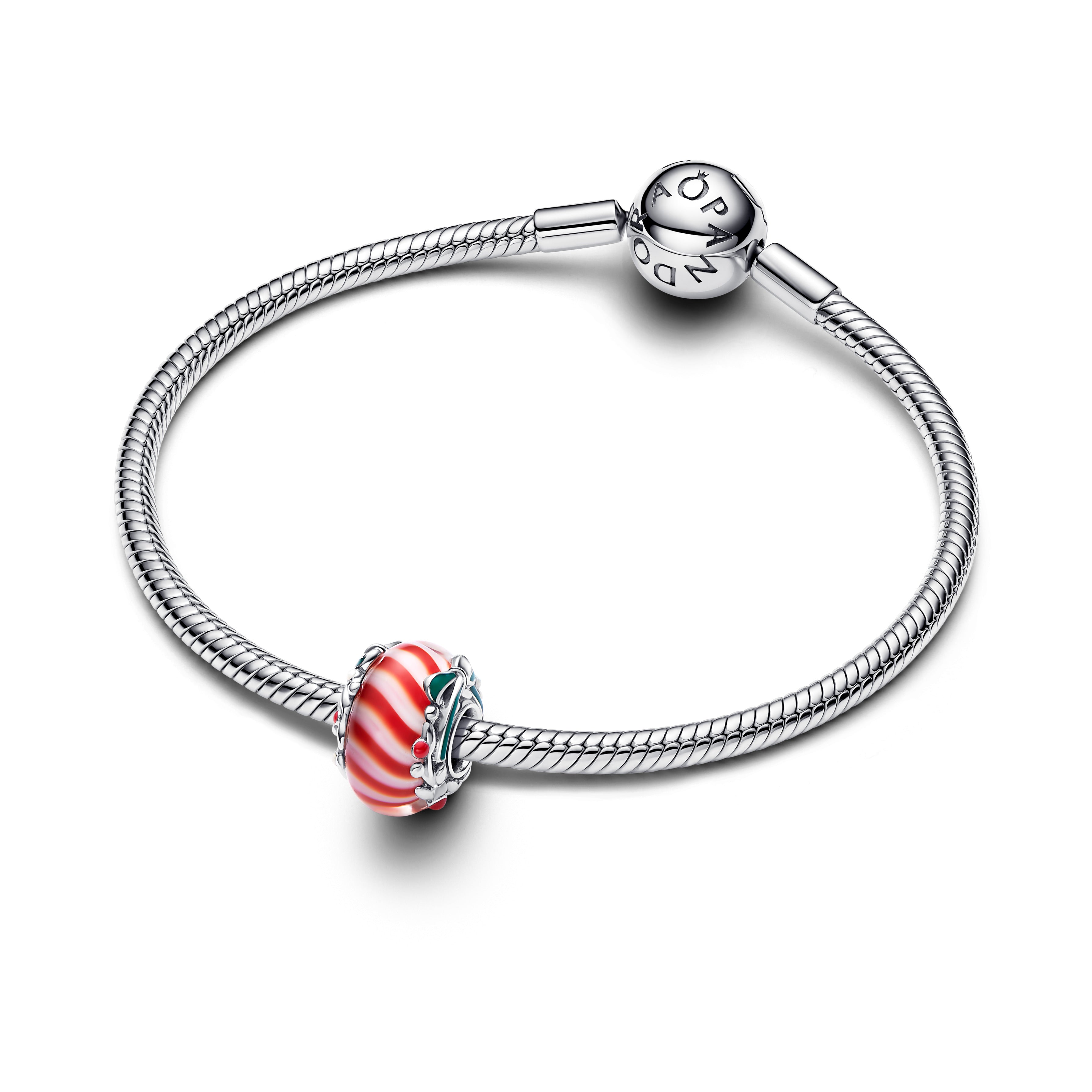 Candy Sterling Silver Charm With Red And White Murano Glass, Shimmering White, Red And Green Enamel