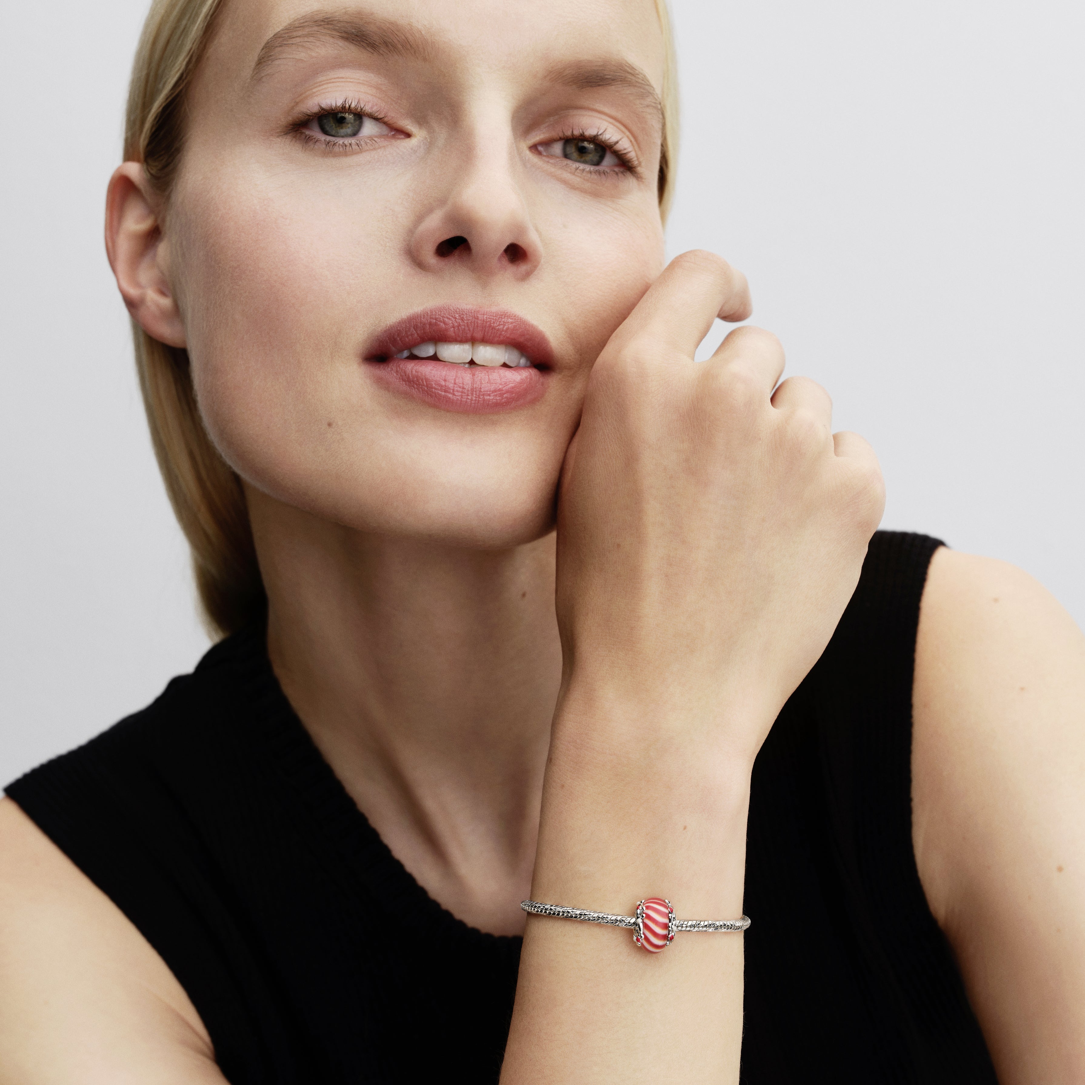 Candy Sterling Silver Charm With Red And White Murano Glass, Shimmering White, Red And Green Enamel