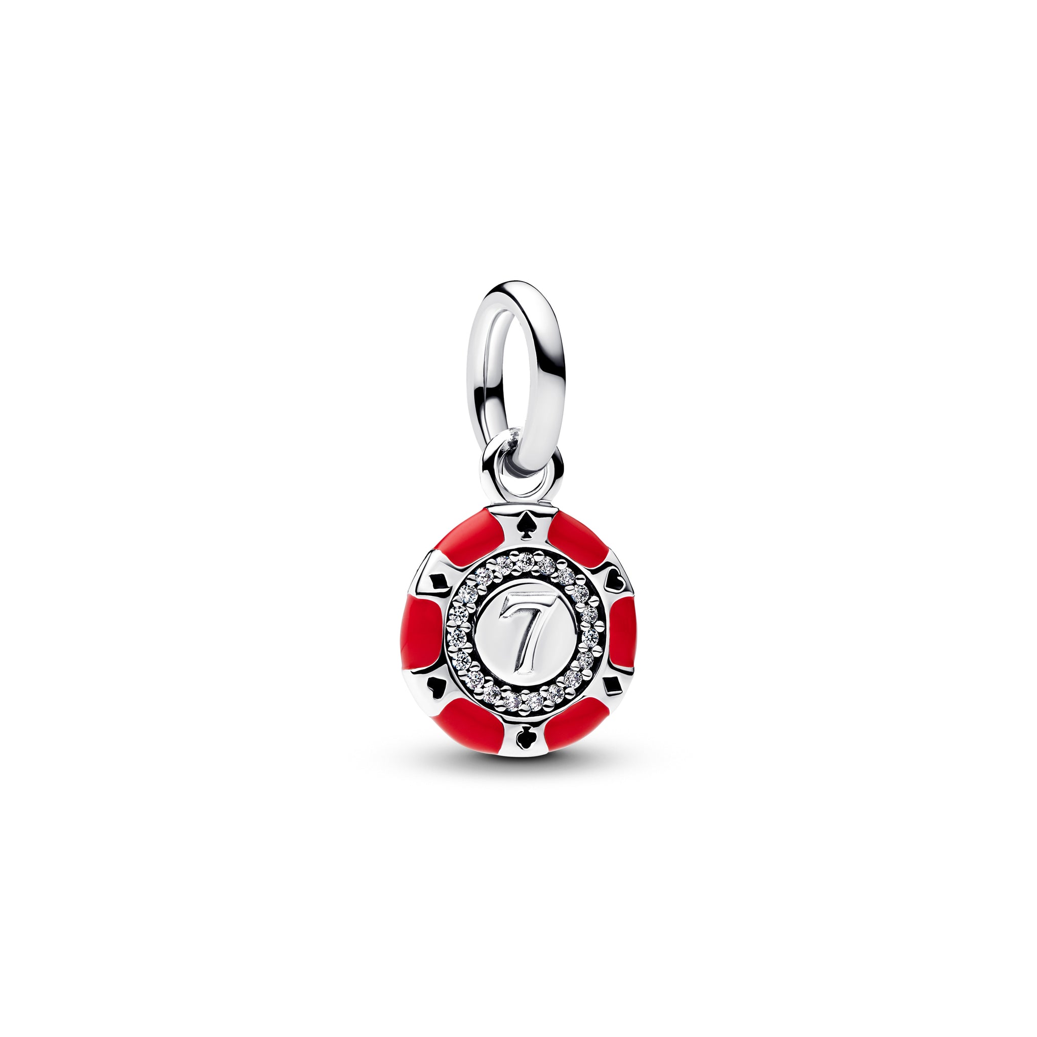 Casino Token Sterling Silver Dangle With Clear Cubic Zirconia, Red And Black Enamel