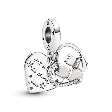 Cats And Heart Sterling Silver Dangle With Clear Cubic Zirconia And Shimmering Silver Enamel