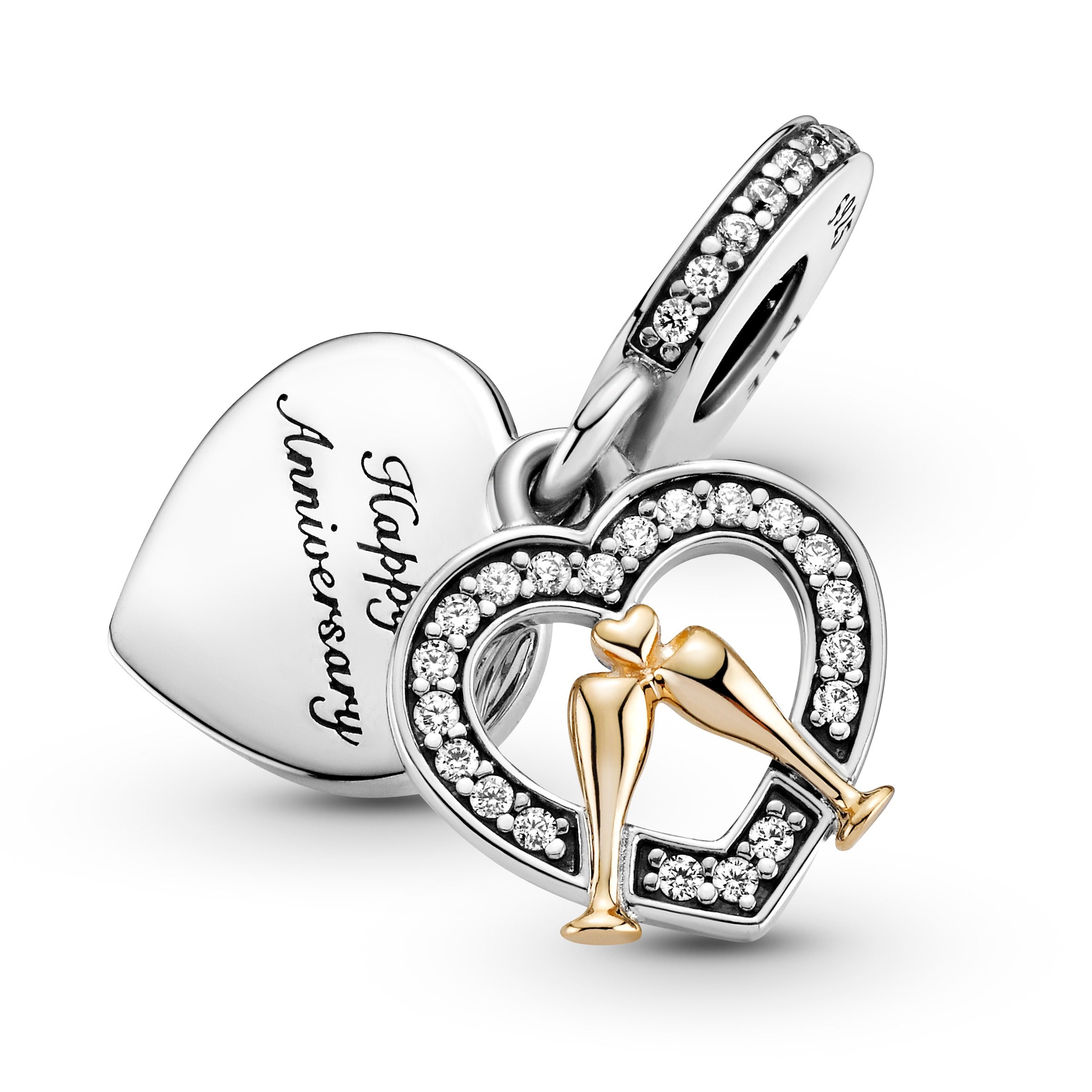 Celebration Glasses And Heart Sterling Silver And 14K Gold Dangle With Clear Cubic Zirconia