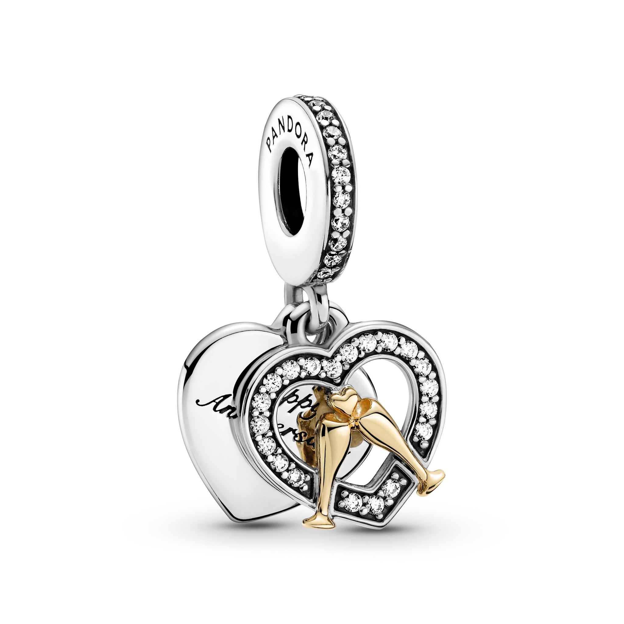 Celebration Glasses And Heart Sterling Silver And 14K Gold Dangle With Clear Cubic Zirconia