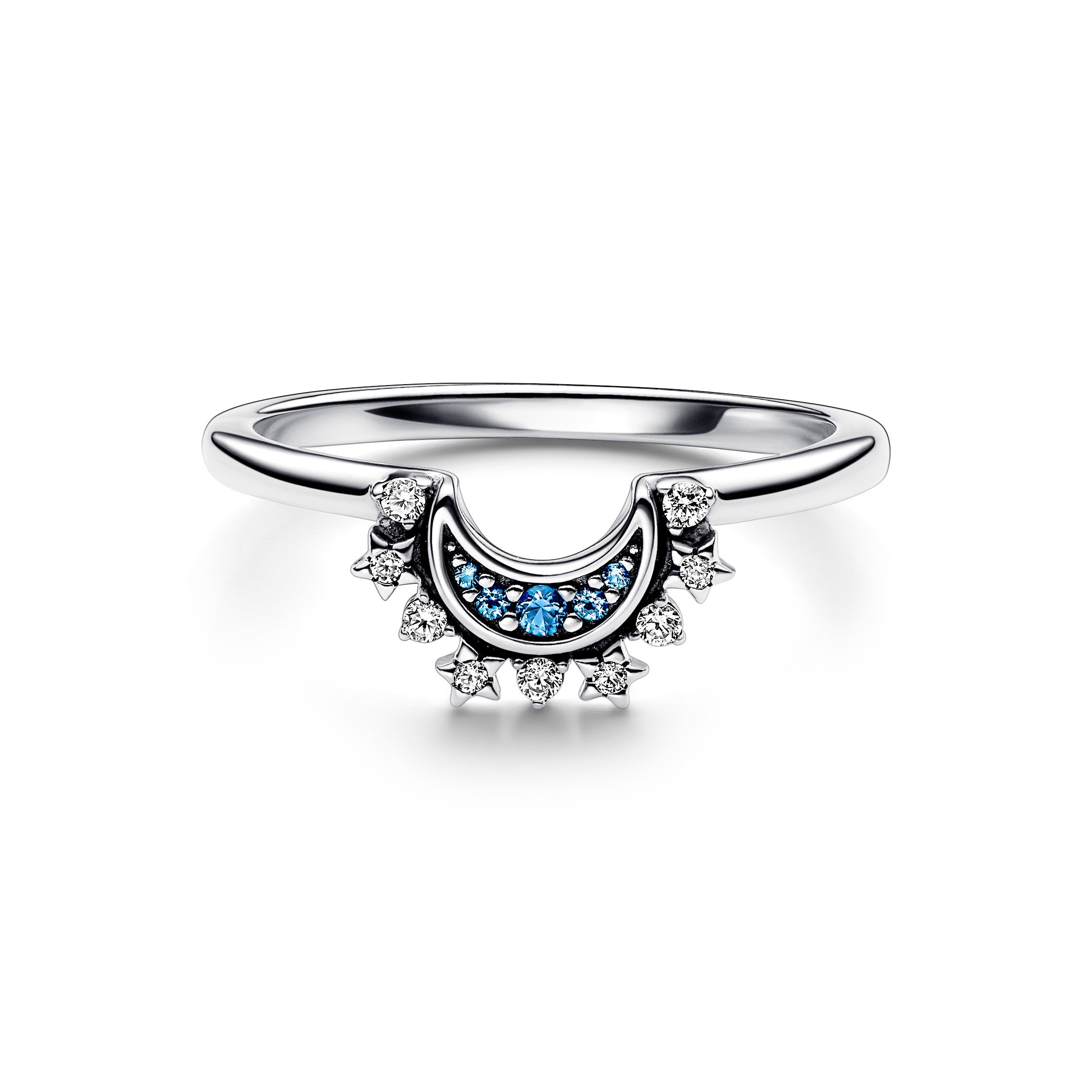Celestial Moon Sterling Silver Ring With Night Blue Crystal And Clear Cubic Zirconia