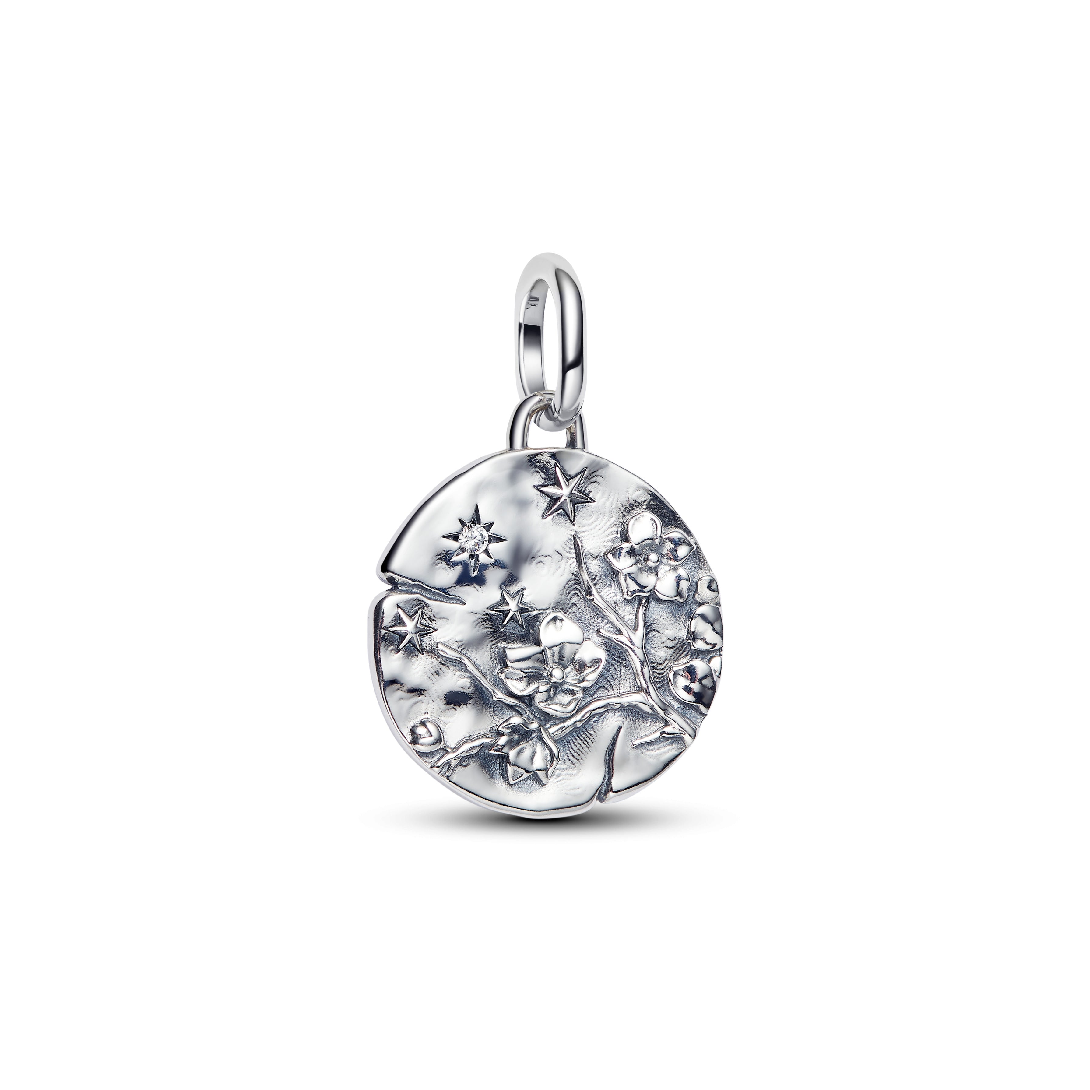 Cherry Blossom Sterling Silver Medallion With Clear Cubic Zirconia
