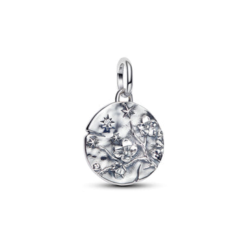 Cherry Blossom Sterling Silver Medallion With Clear Cubic Zirconia