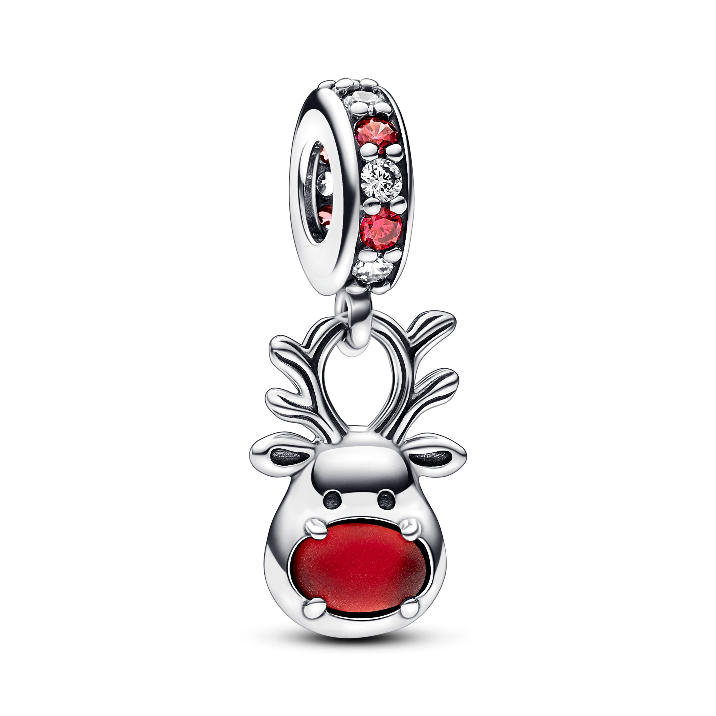 Christmas Reindeer Sterling Silver Dangle With Clear And Red Cubic Zirconia And Frosted Red Murano Glass