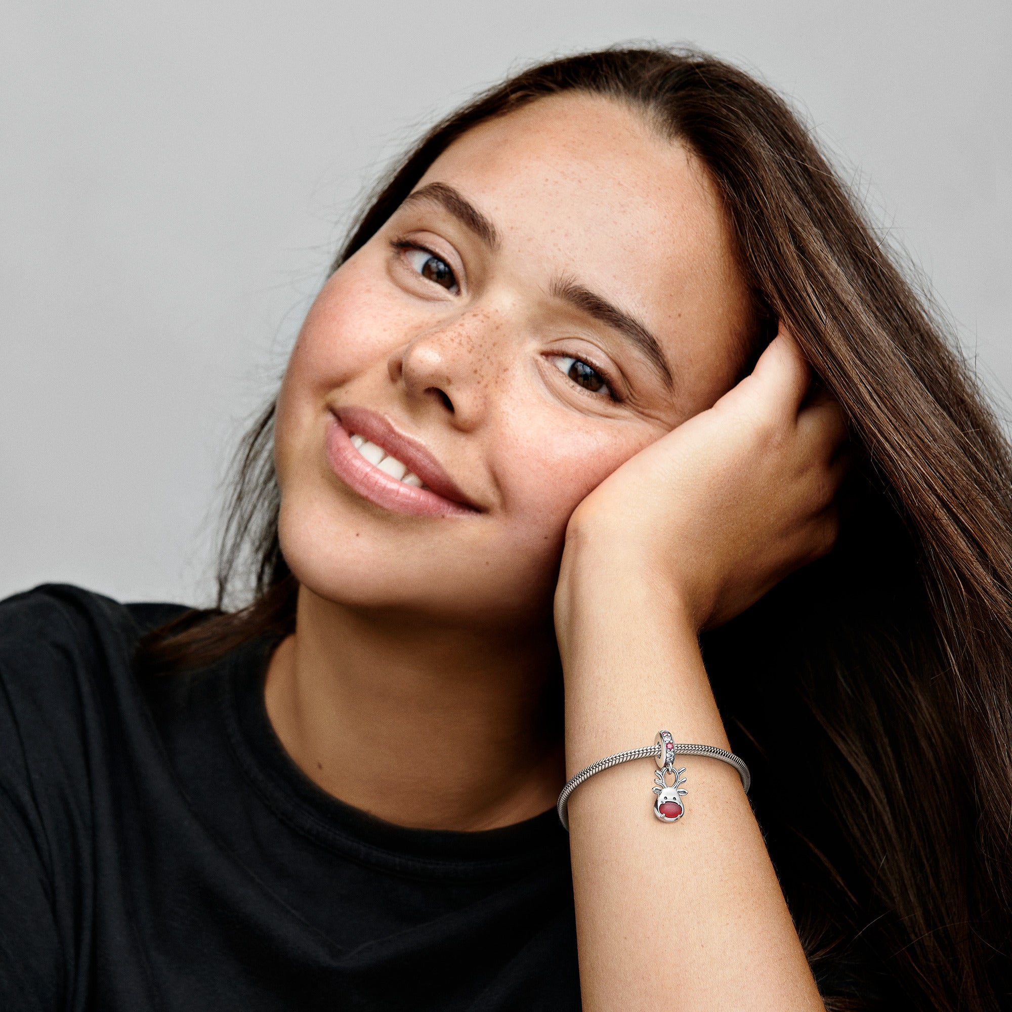 Christmas Reindeer Sterling Silver Dangle With Clear And Red Cubic Zirconia And Frosted Red Murano Glass