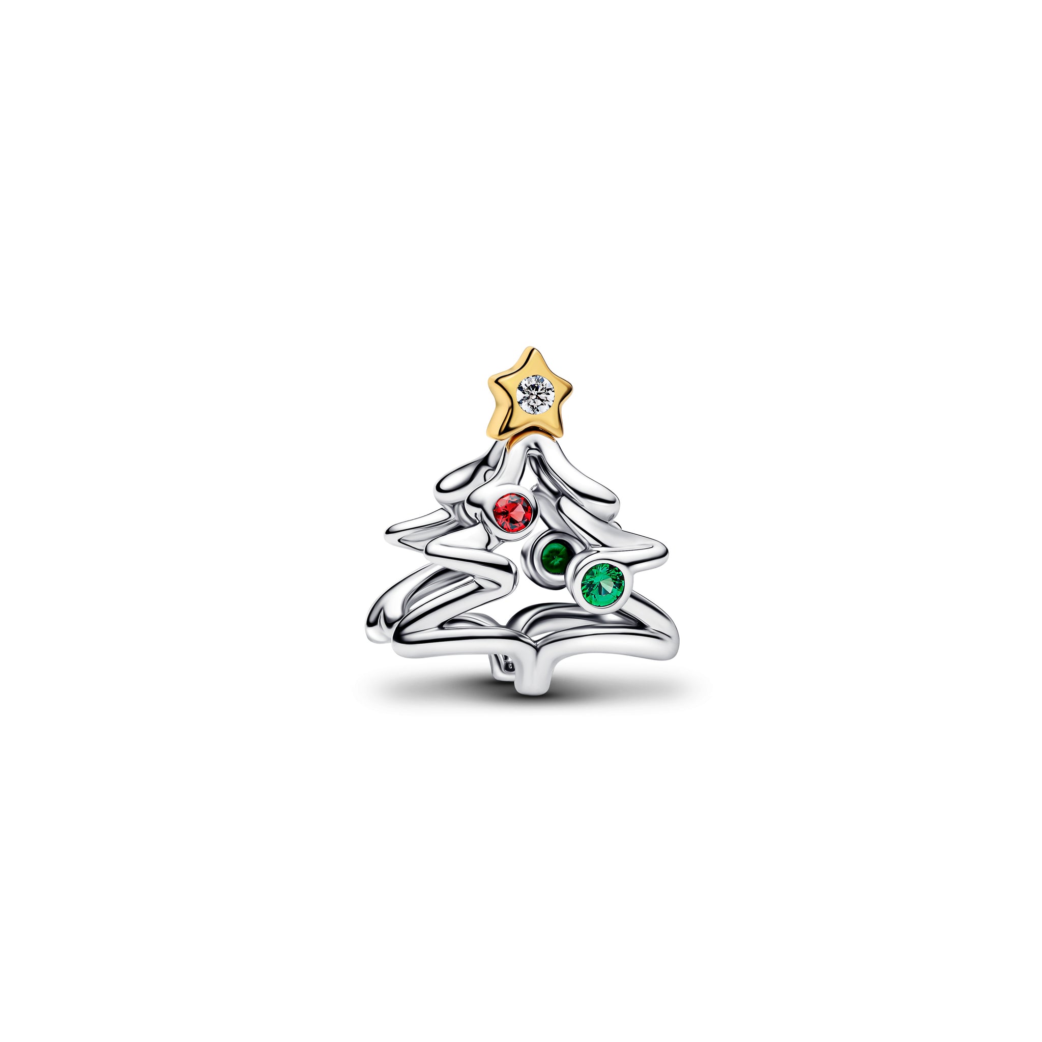 Christmas Tree Sterling Silver And 14K Gold-Plated Charm With Clear Cubic Zirconia, Salsa Red And Royal Green Crystal