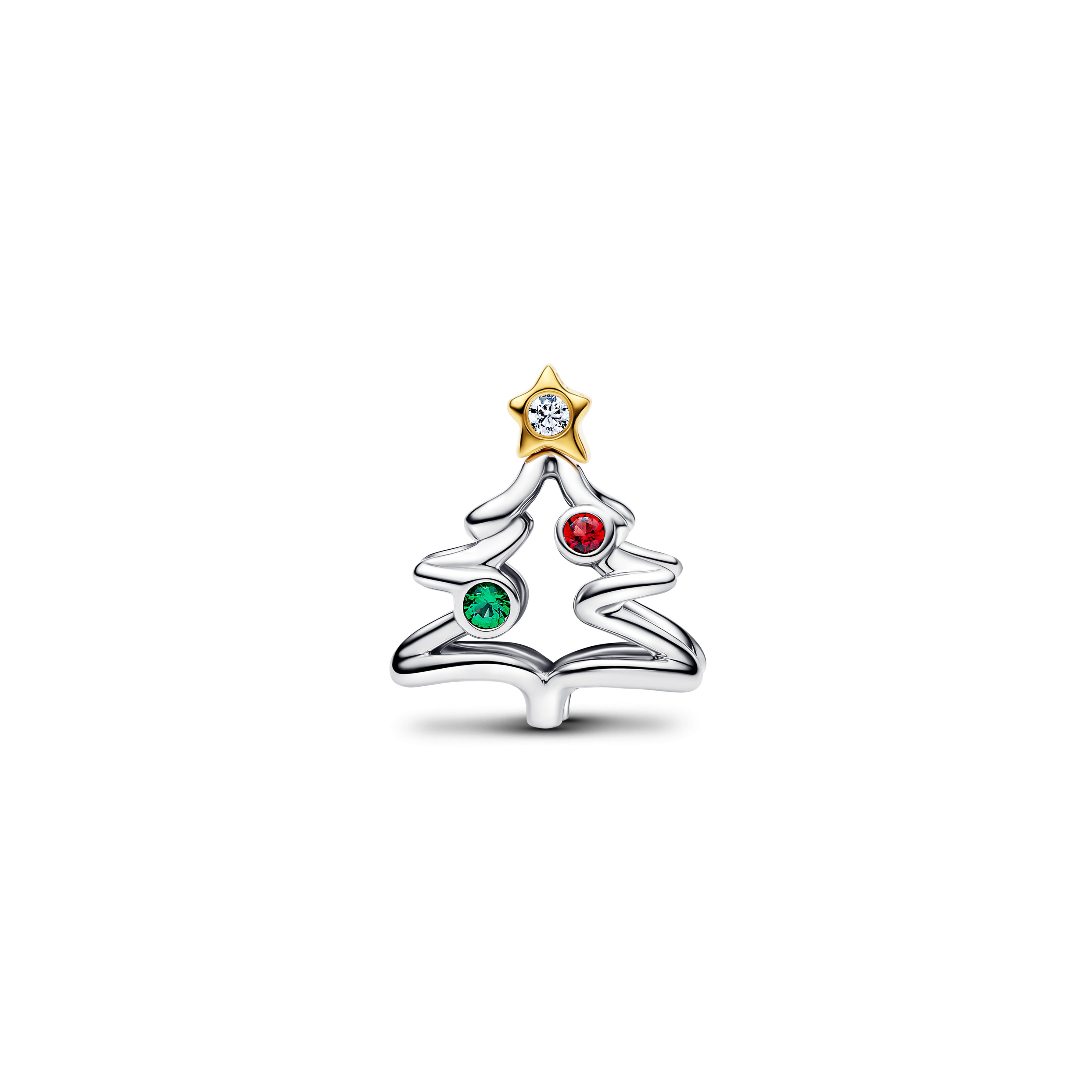 Christmas Tree Sterling Silver And 14K Gold-Plated Charm With Clear Cubic Zirconia, Salsa Red And Royal Green Crystal