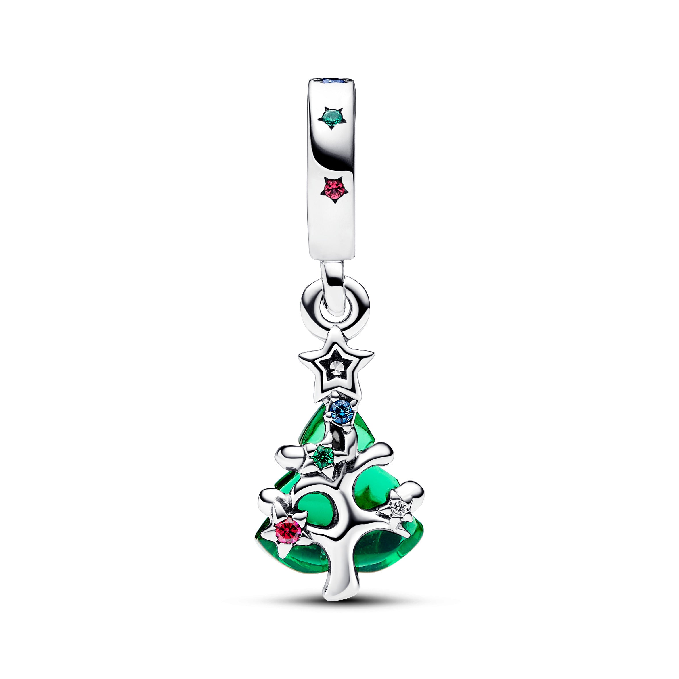Christmas Tree Sterling Silver Dangle With Clear, Red Cubic Zirconia, Stellar Blue, Royal Green Crystal And Golden Enamel