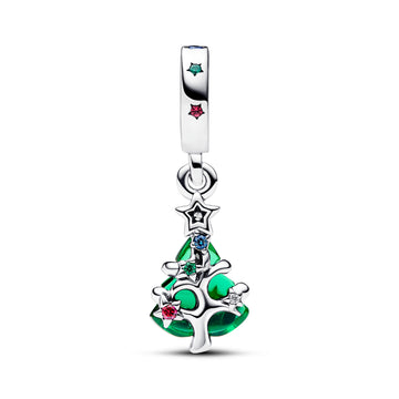 Christmas Tree Sterling Silver Dangle With Clear, Red Cubic Zirconia, Stellar Blue, Royal Green Crystal And Golden Enamel