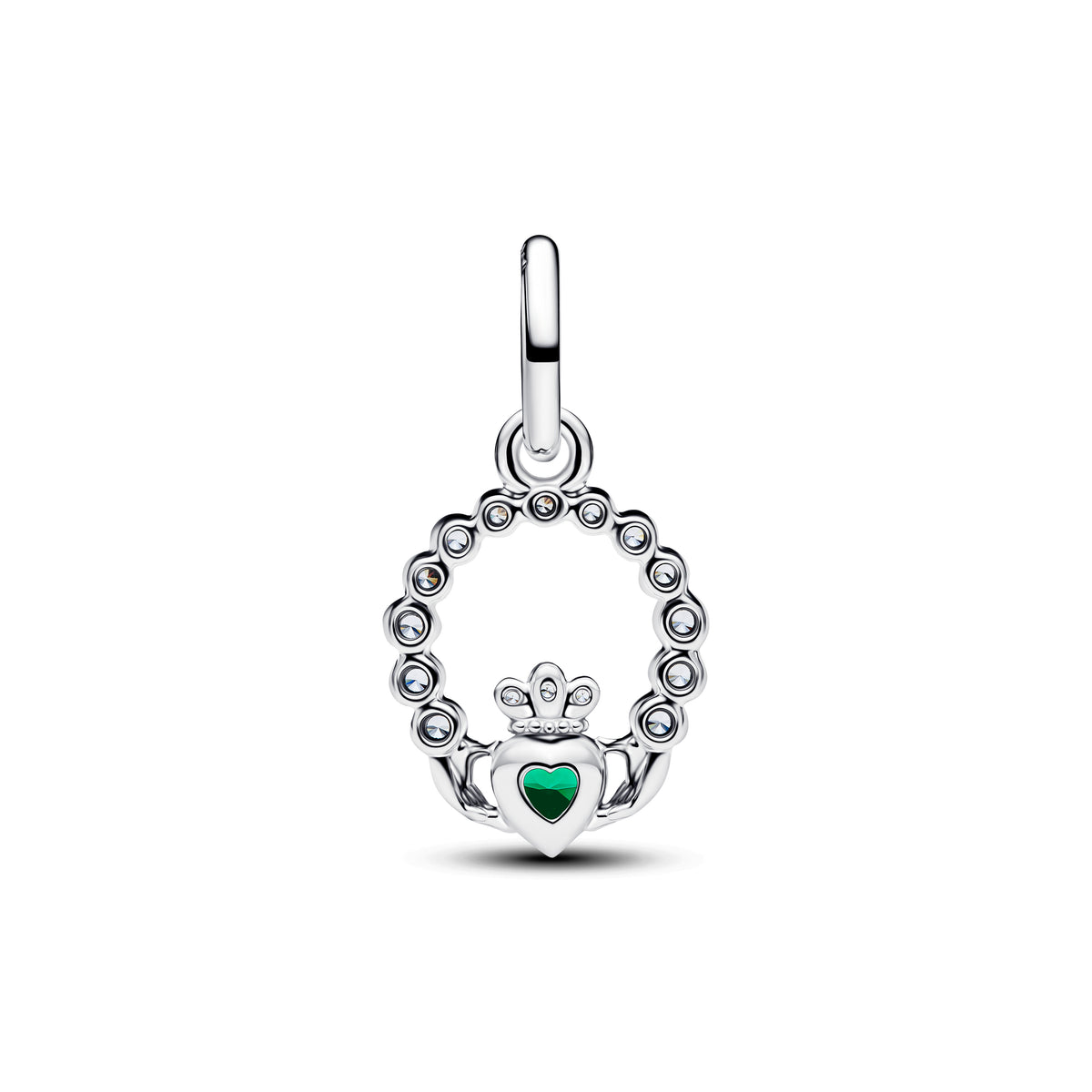 Claddagh Sterling Silver Dangle With Royal Green Crystal And Clear Cubic Zirconia