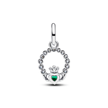 Claddagh Sterling Silver Dangle With Royal Green Crystal And Clear Cubic Zirconia