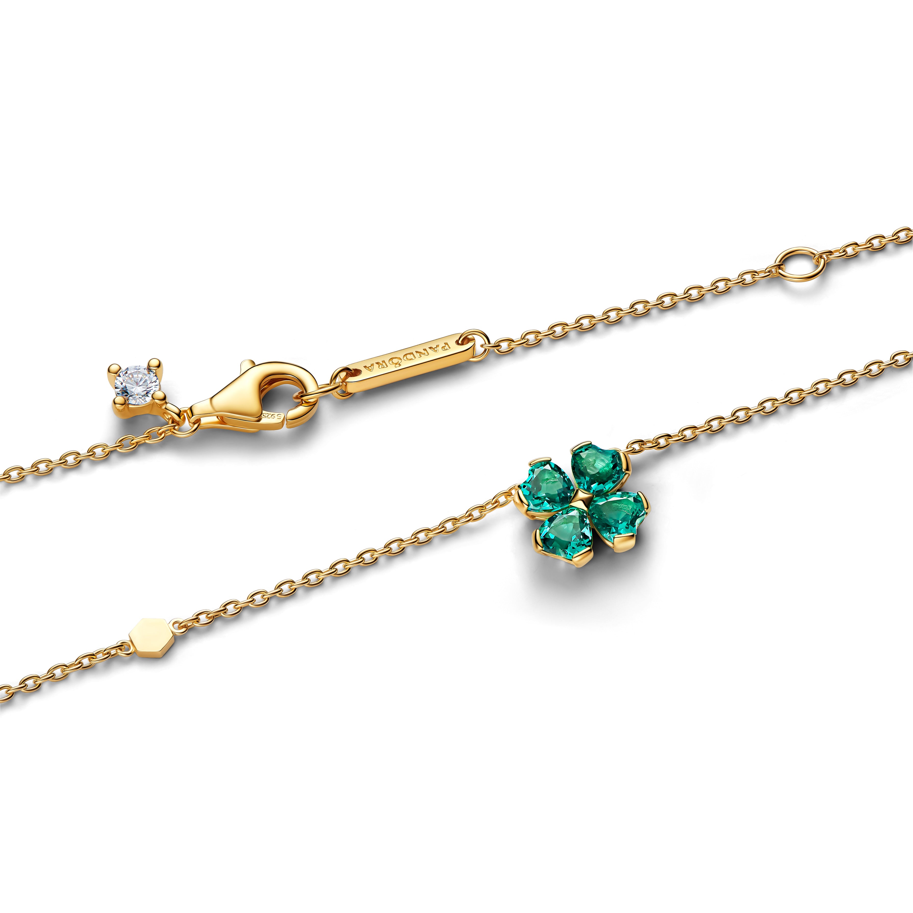 Clover 14K Gold-Plated Collier With Royal Green Crystal And Clear Cubic Zirconia
