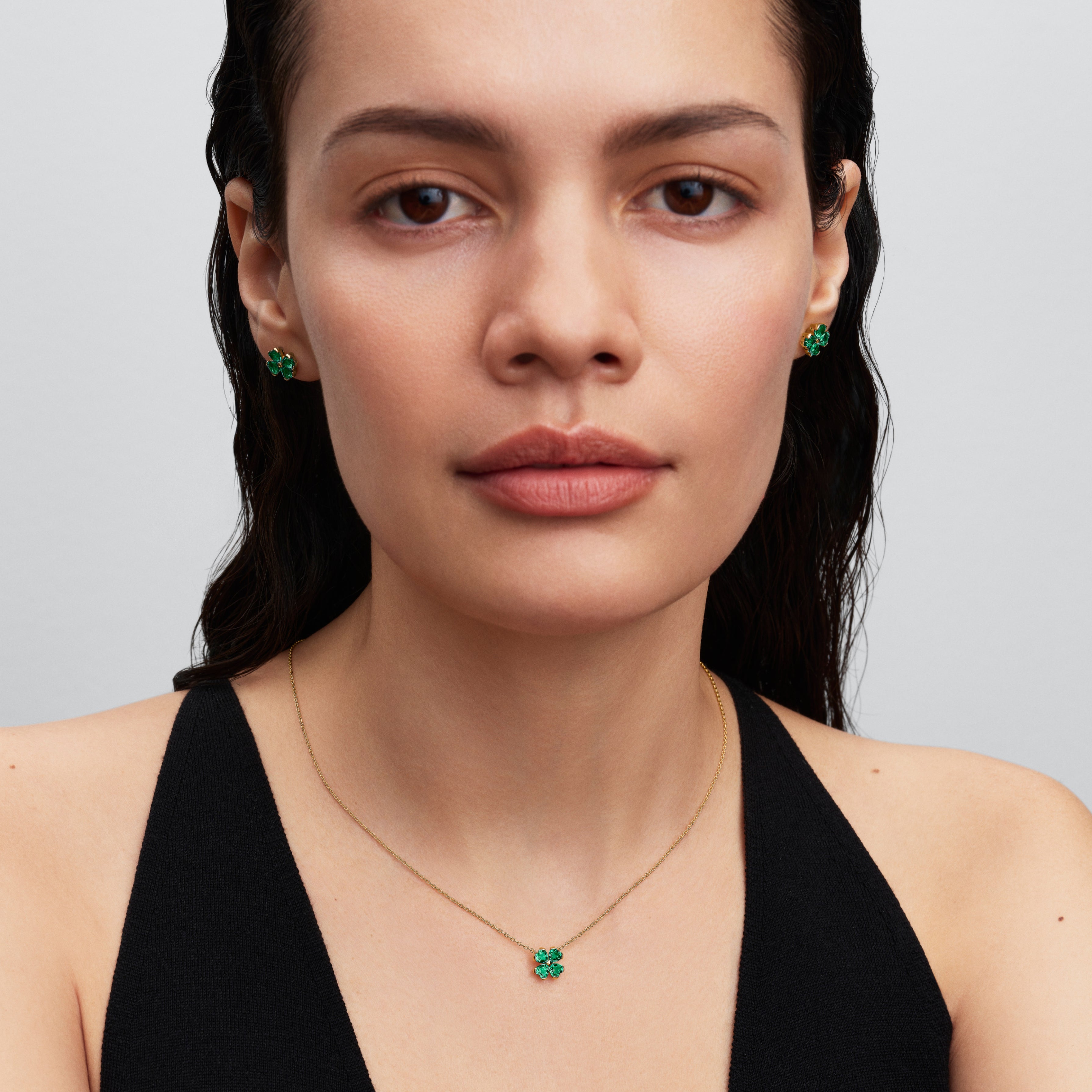Clover 14K Gold-Plated Collier With Royal Green Crystal And Clear Cubic Zirconia